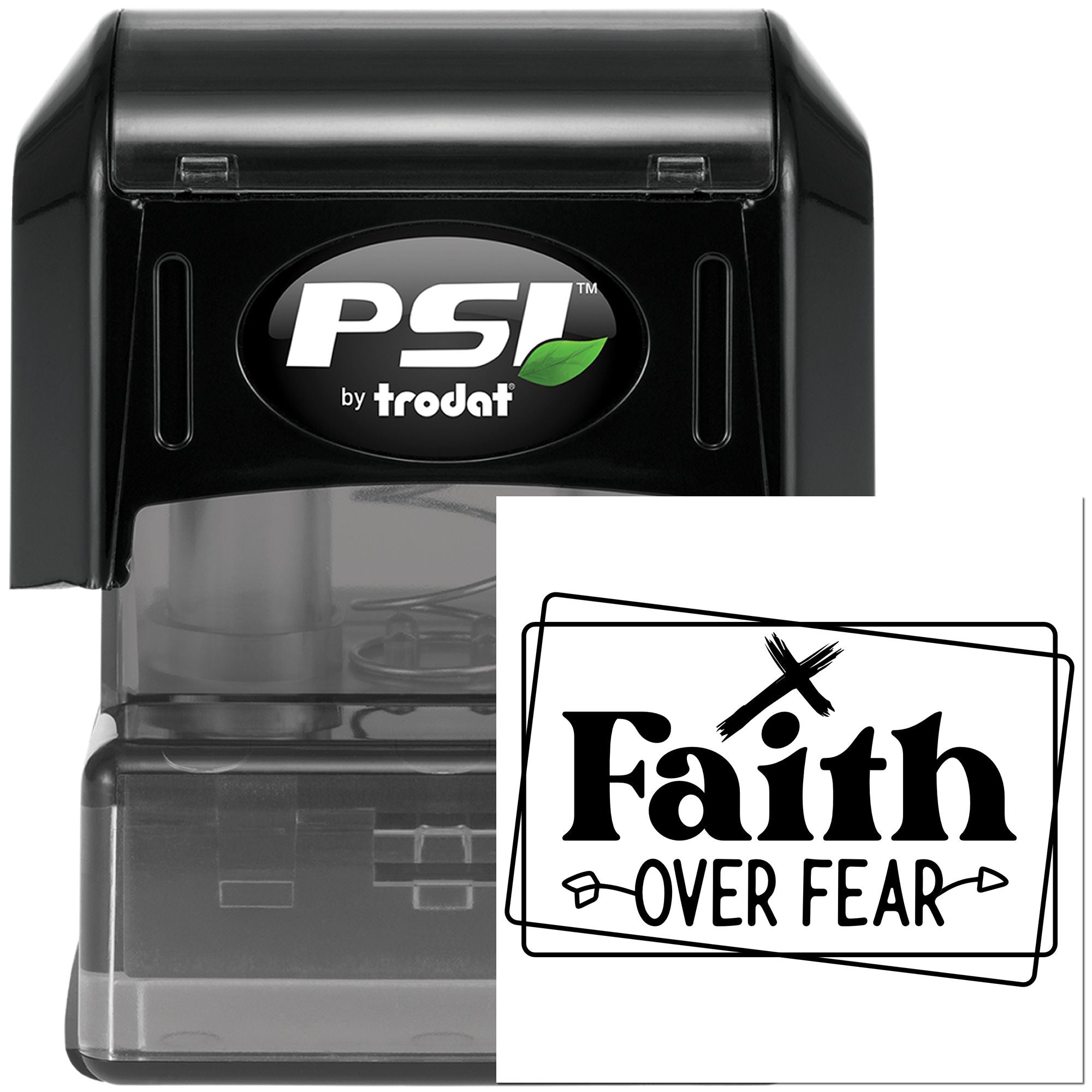 Faith Over Fear self-inking rubber stamp by PSI by Trodat for inspirational religious crafting and labeling.