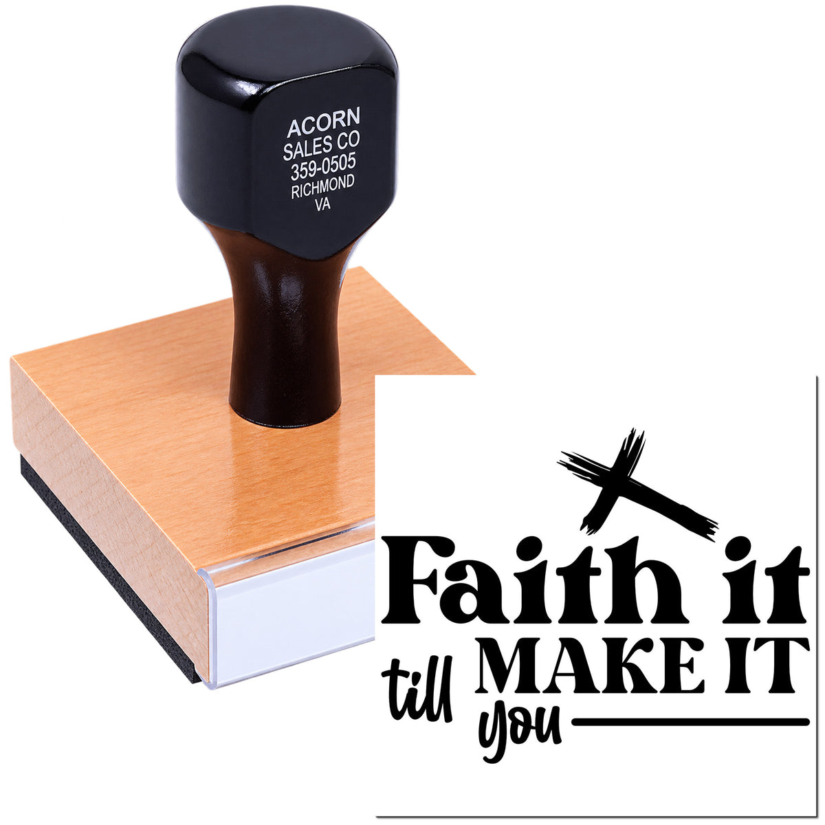 Custom rubber stamp with inspirational Faith It Till Make It design for faith-based crafts and business branding.
