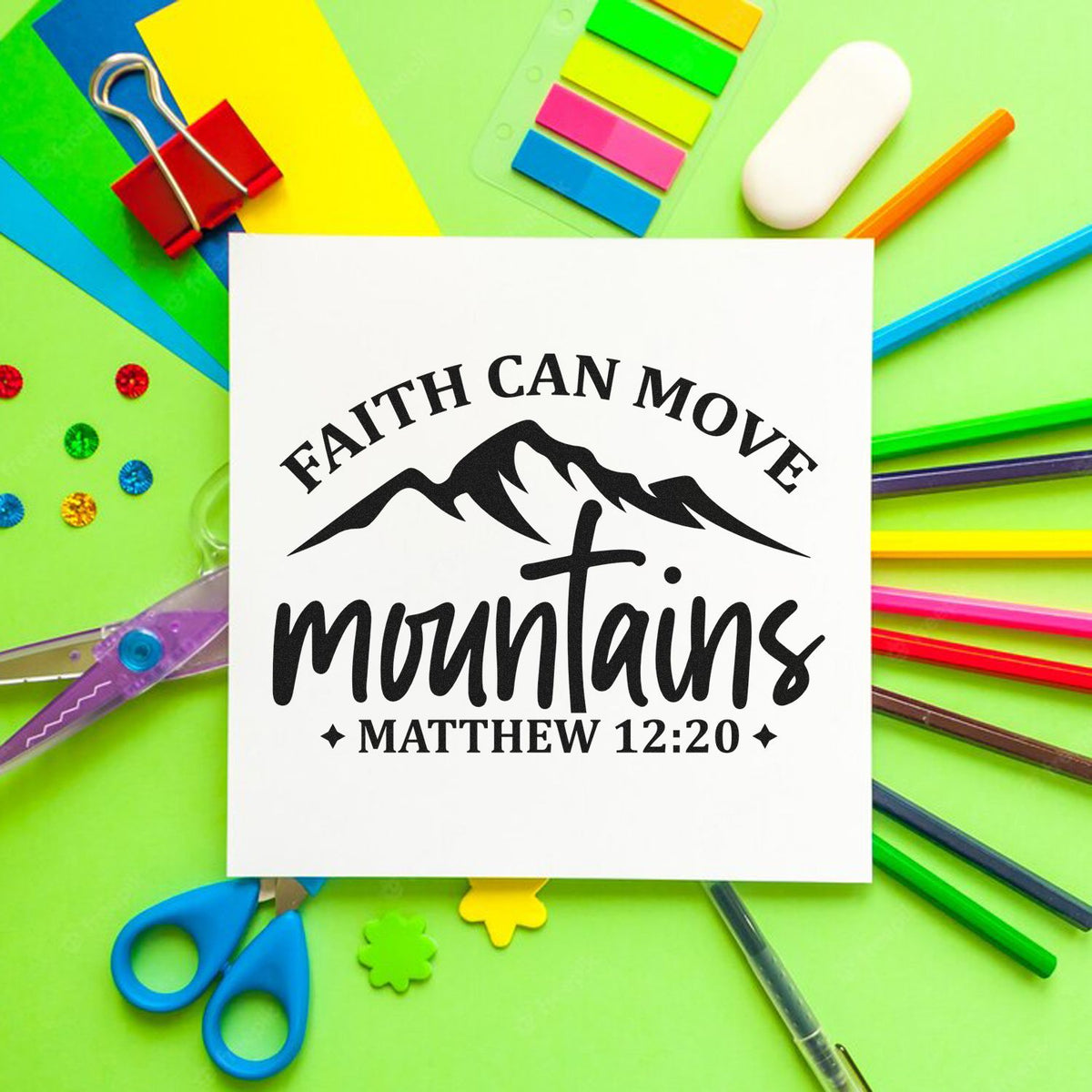 Faith Can Move Mountains Matthew 12:20 rubber stamp design with mountain graphic for Christian crafting and journaling