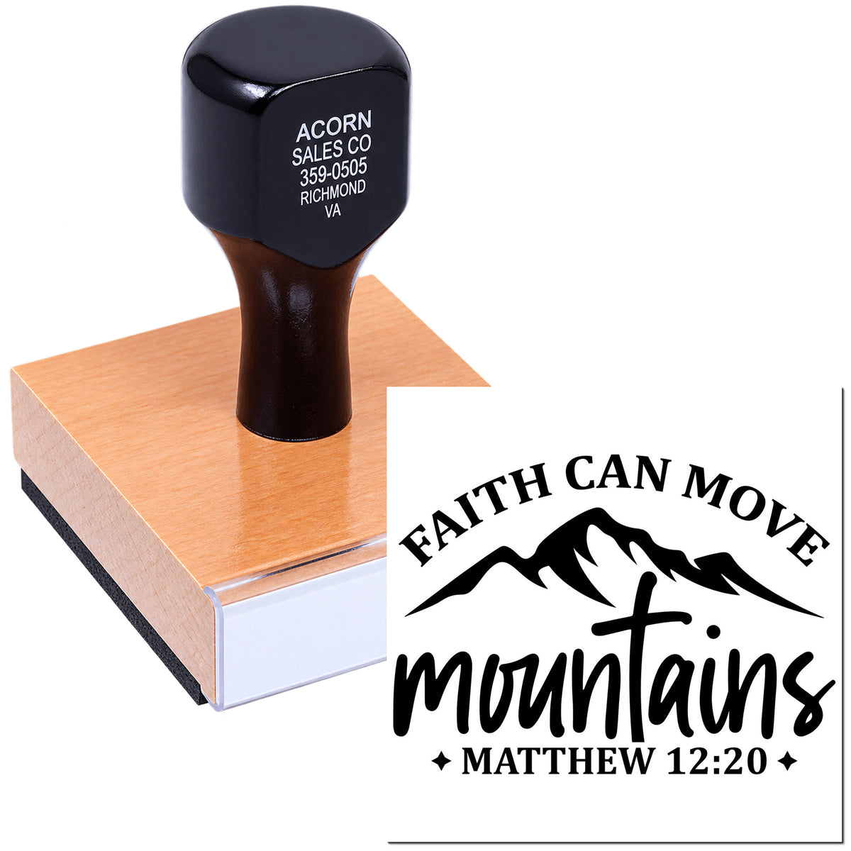 Custom rubber stamp with Faith Can Move Mountains Matthew 12:20 design for Christian crafts, church, and branding.