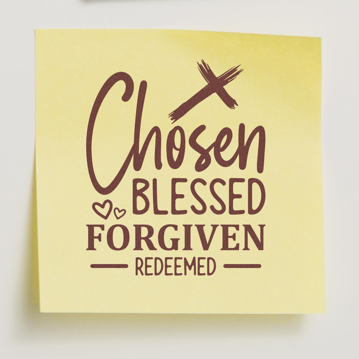 Christian rubber stamp design reading Chosen Blessed Forgiven Redeemed with cross and hearts for faith-based crafts.