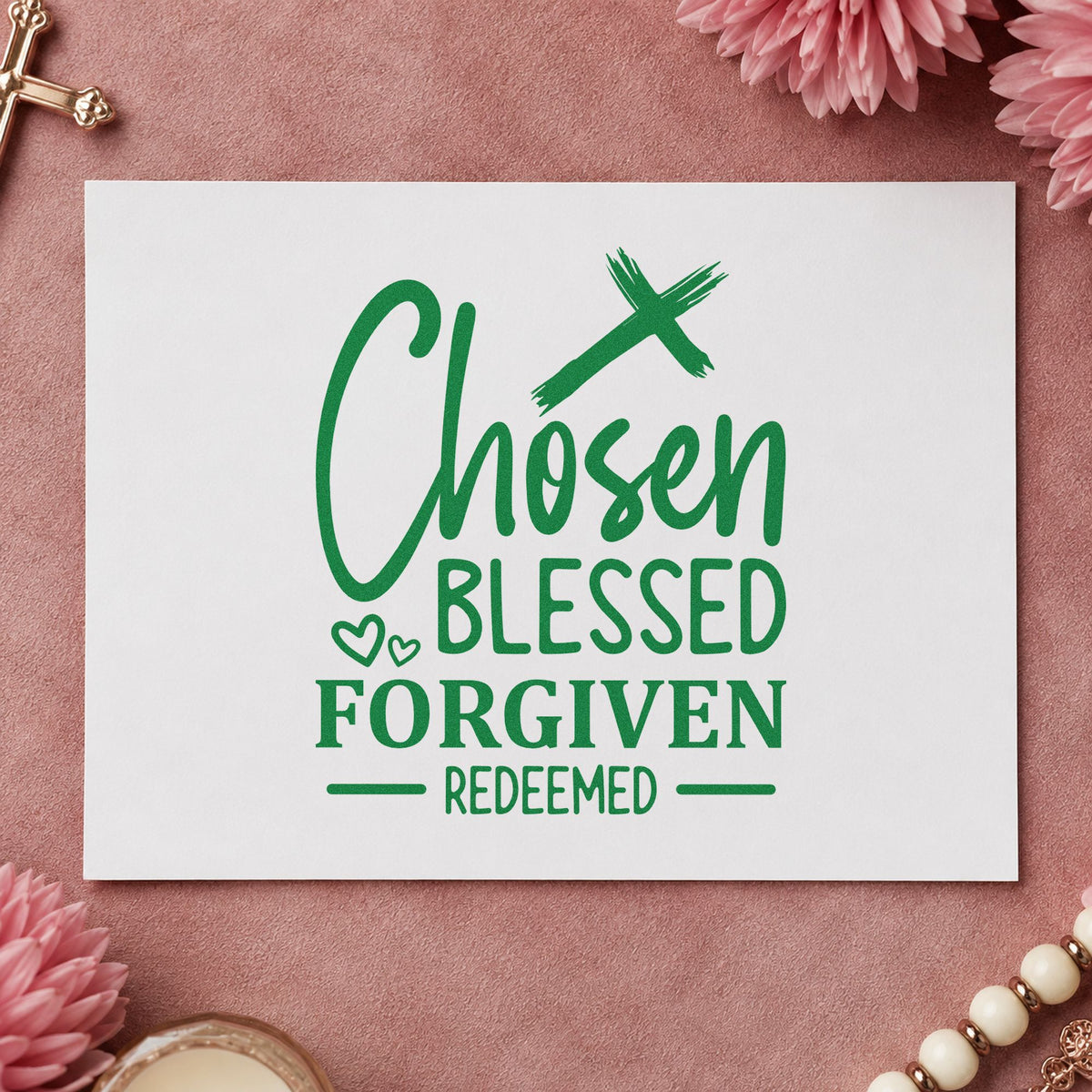 Chosen Blessed Forgiven Redeemed Cross PSI Pre-Inked Stamp in use 3