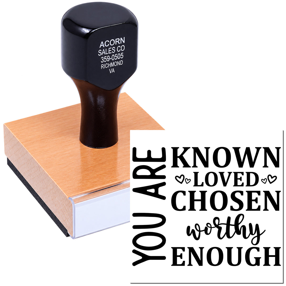 Custom rubber stamp with inspirational quote Are You Known, Loved, Chosen, Worthy, Enough for handmade cards and crafts.