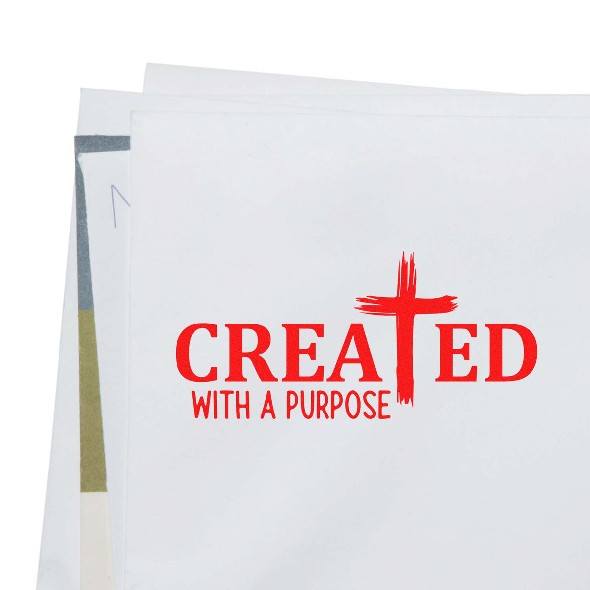 Christian rubber stamp design reading Created with a Purpose with cross logo for faith-based crafts.