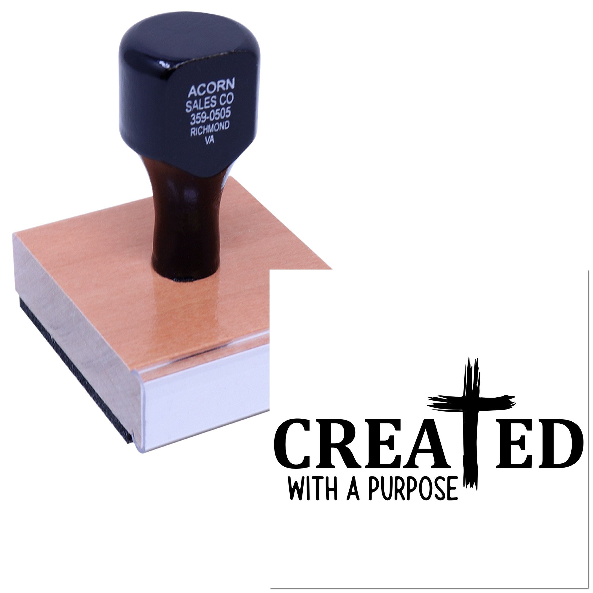 Custom rubber stamp featuring Created with a Purpose logo, perfect for Christian branding and packaging.