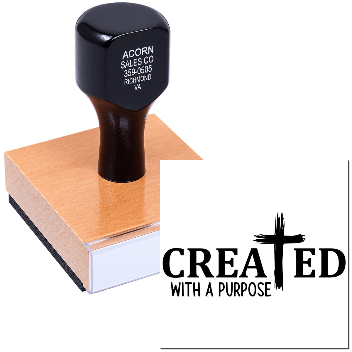 Custom rubber stamp featuring Created with a Purpose logo, perfect for Christian branding and packaging.