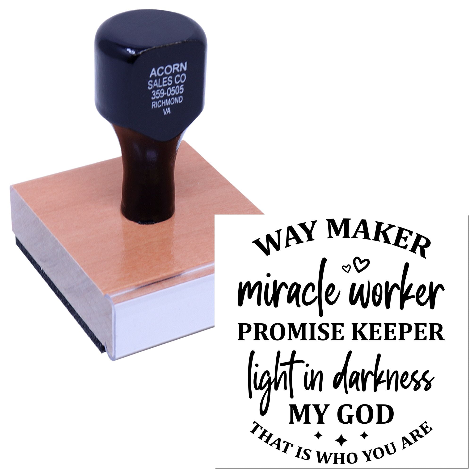 Custom rubber stamp with Christian Way Maker message: miracle worker, promise keeper, light in darkness.
