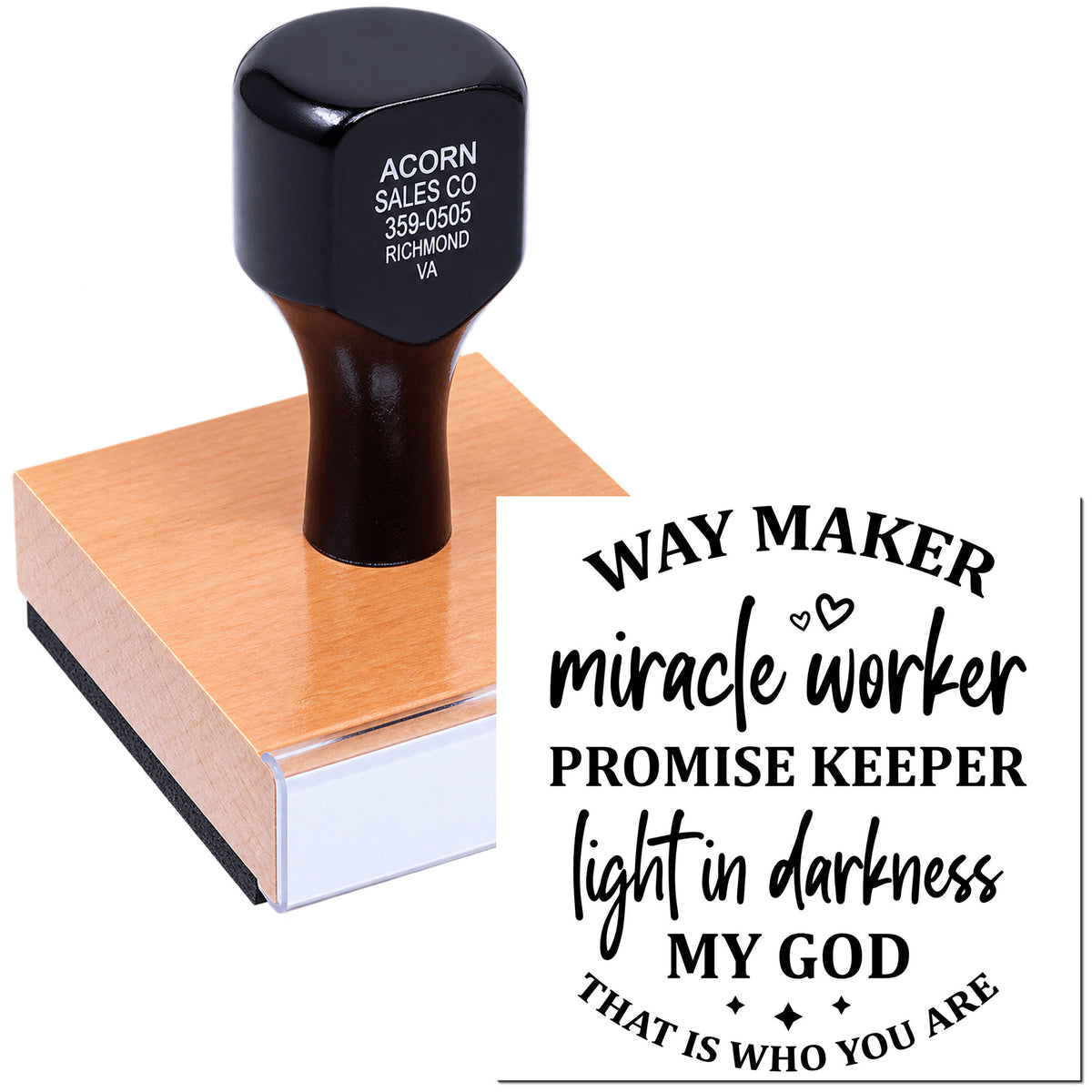Custom rubber stamp with Christian Way Maker message: miracle worker, promise keeper, light in darkness.