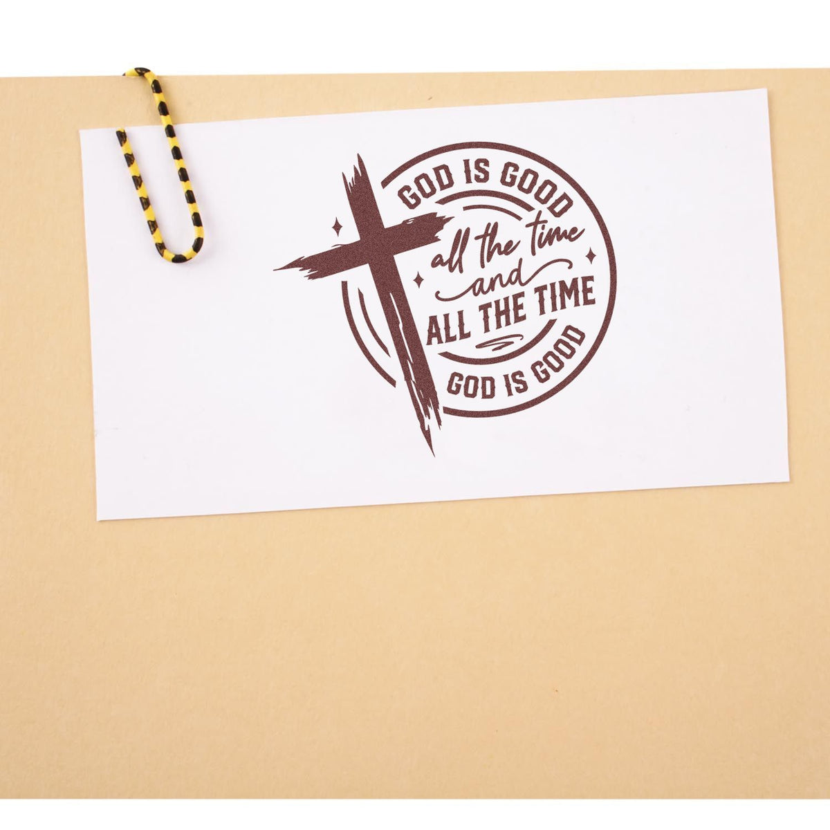 Christian rubber stamp with cross and God is good all the time faith quote for paper crafting.