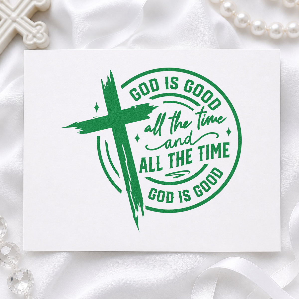 God Is Good Cross Circle craft stamp imprint in green ink on a handmade project, one idea being framed kitchen art.