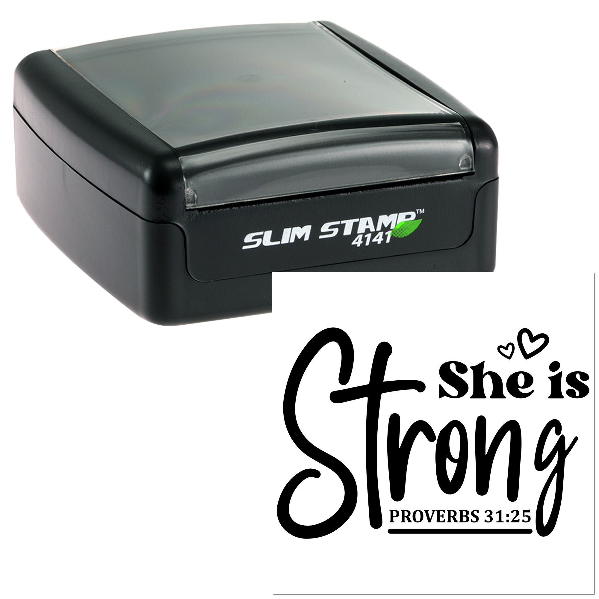 Self-inking rubber stamp featuring She is Strong Proverbs 31:25 faith-based inspirational message.