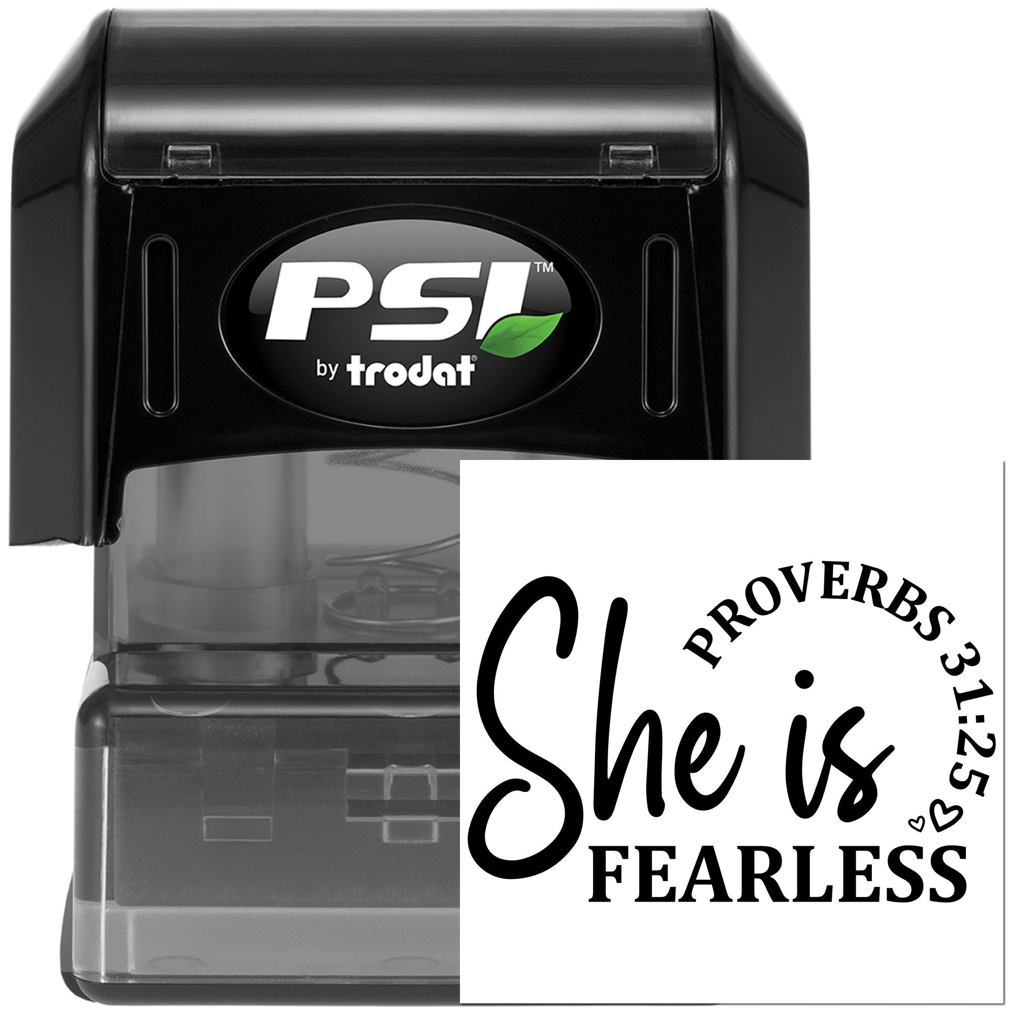 PSI by Trodat self-inking rubber stamp with Proverbs 31:25 "She is fearless" design for faith-based crafts.