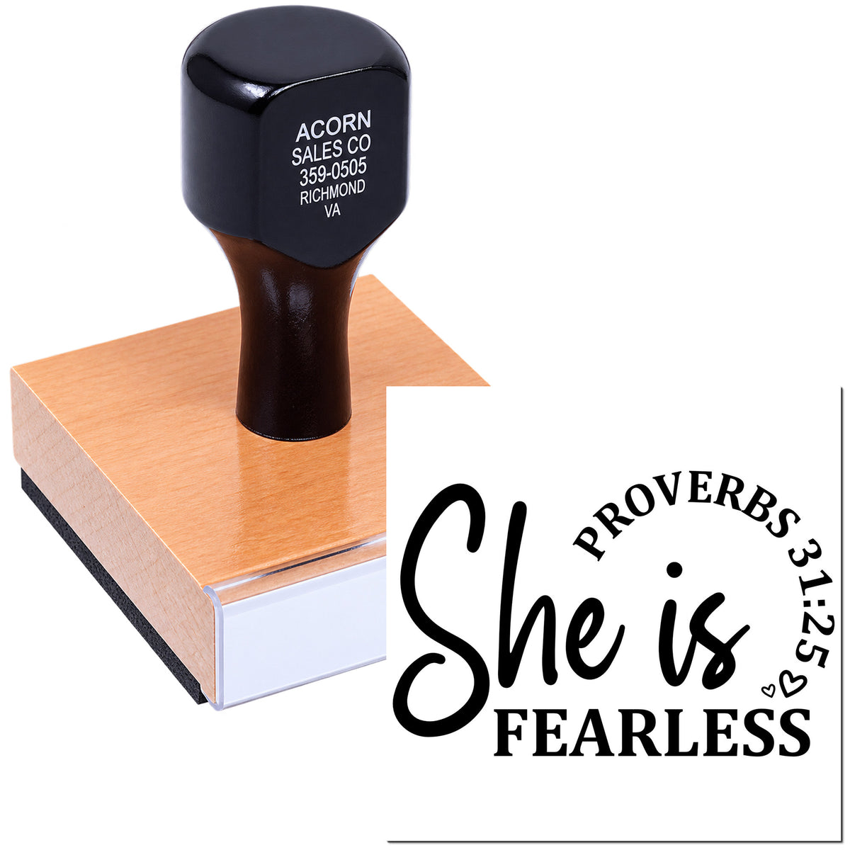 Custom rubber stamp with She Is Fearless design for personalized crafts, branding, and inspirational business use.