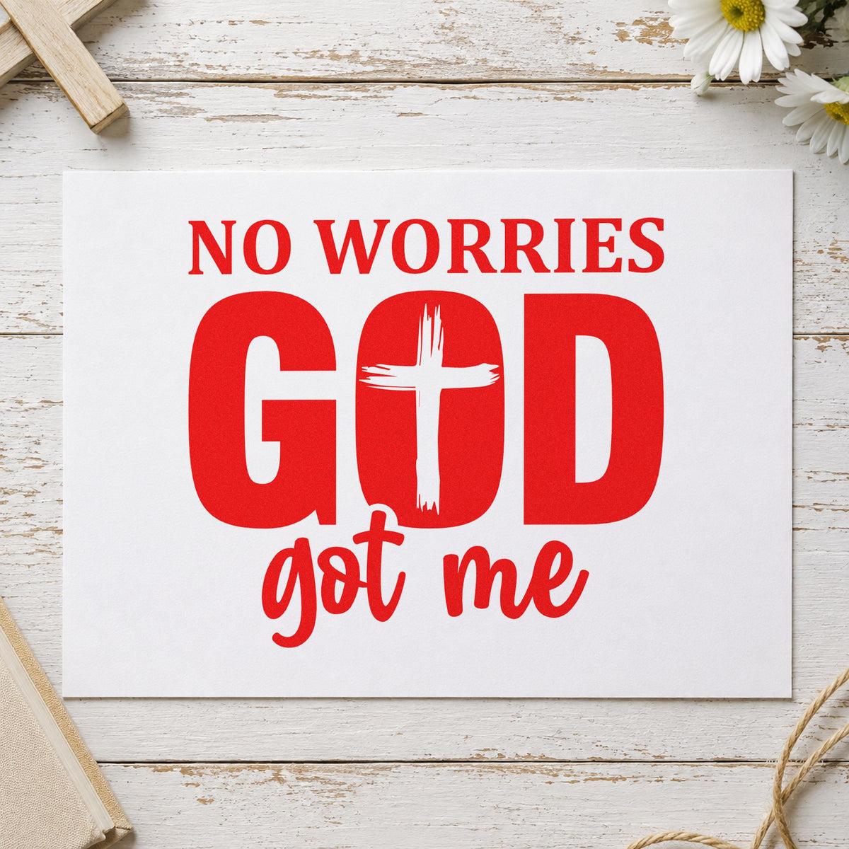 No Worries God Got Me Cross rubber stamp shown in red ink, stamped for projects such as travel luggage tags.