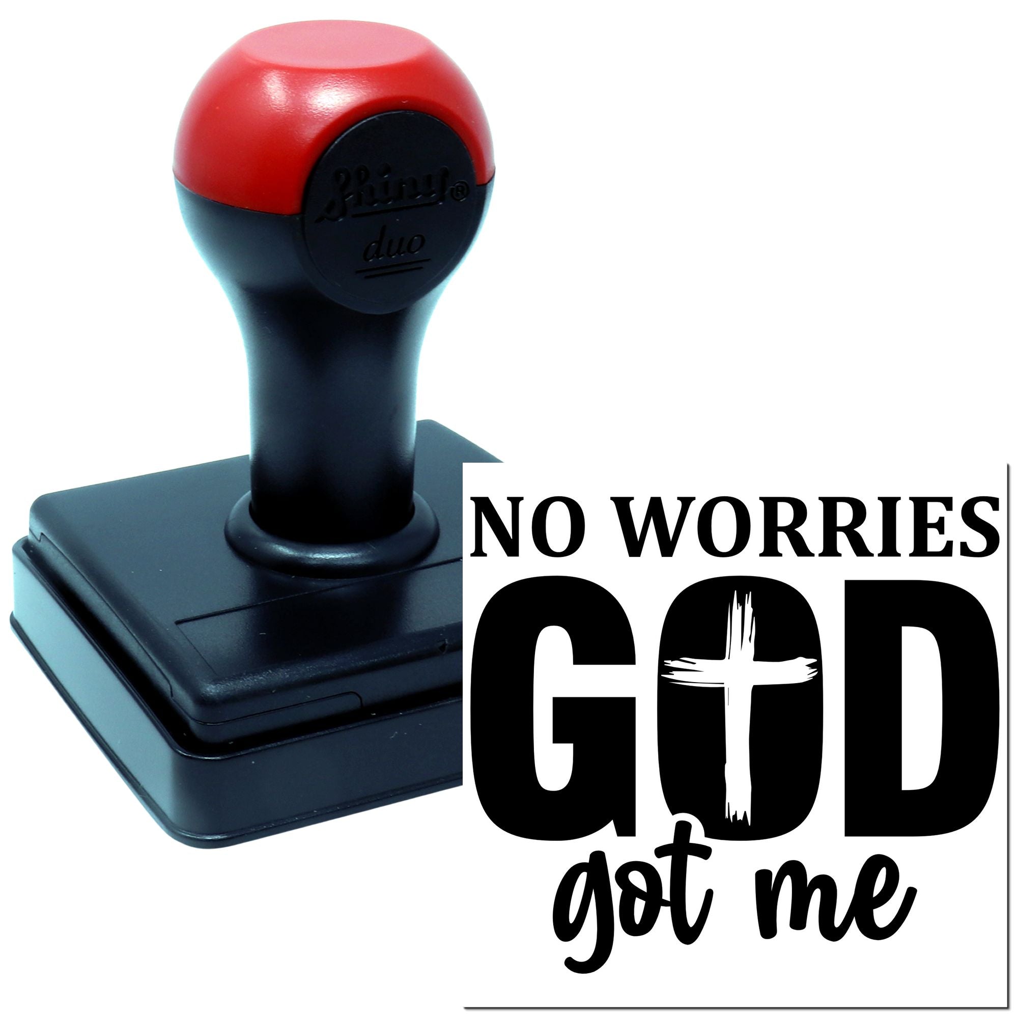 Christian self-inking rubber stamp with No Worries, God Got Me faith message