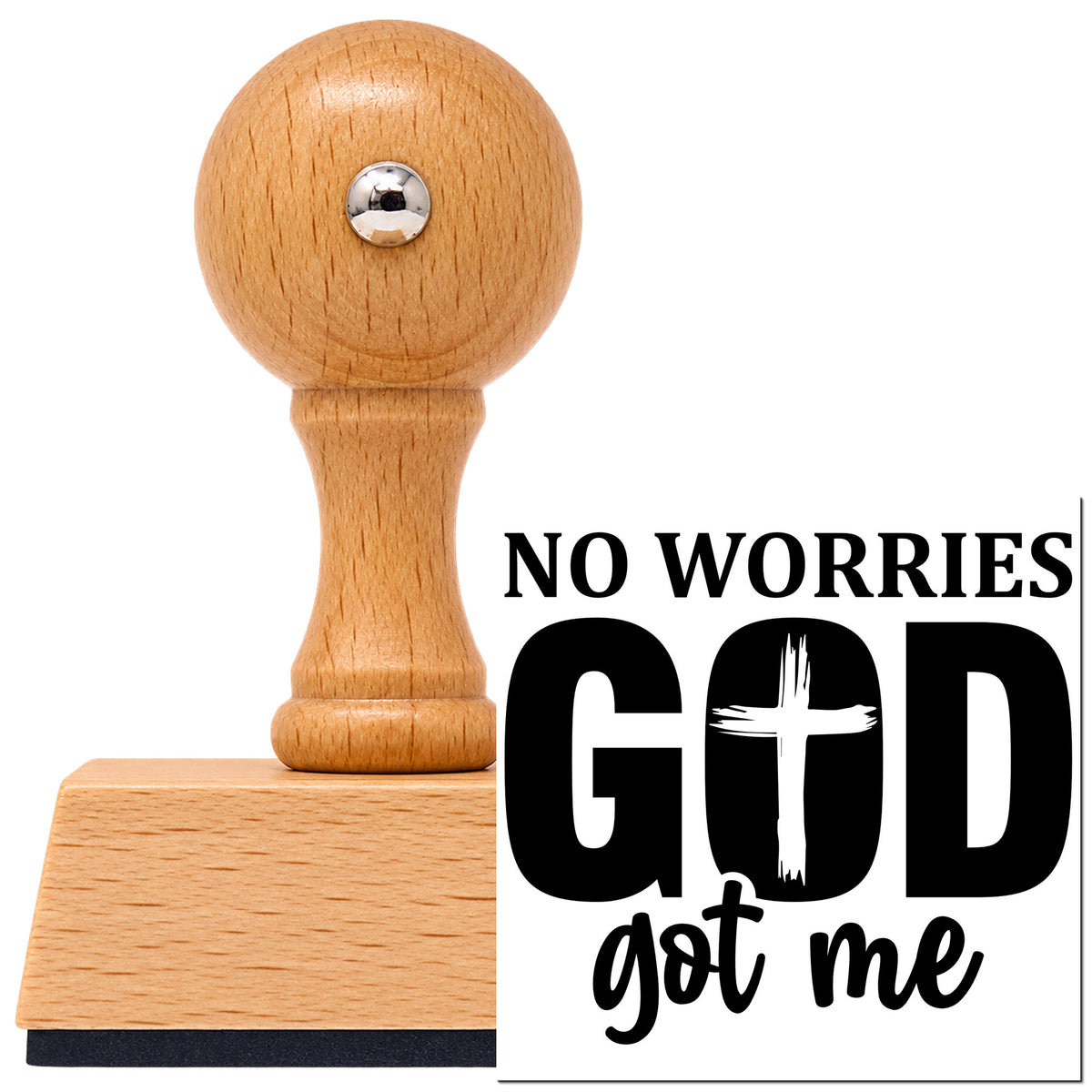 No Worries God Got Me Cross Vintage Pro rubber stamp in European beech wood with a round knob handle, shown beside its black imprint.