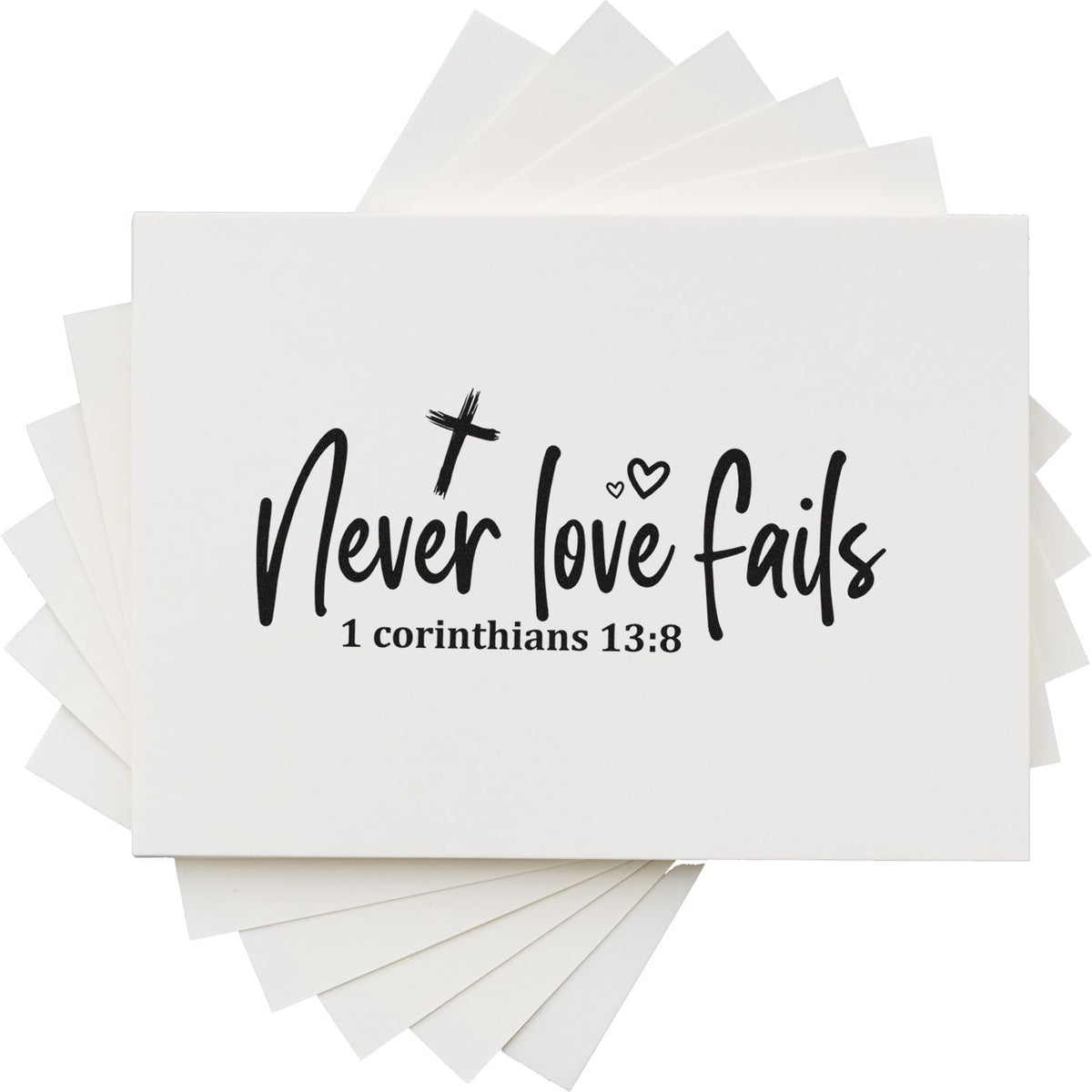 Christian rubber stamp featuring Never Love Fails from 1 Corinthians 13:8 for weddings, faith crafts, and gifts.