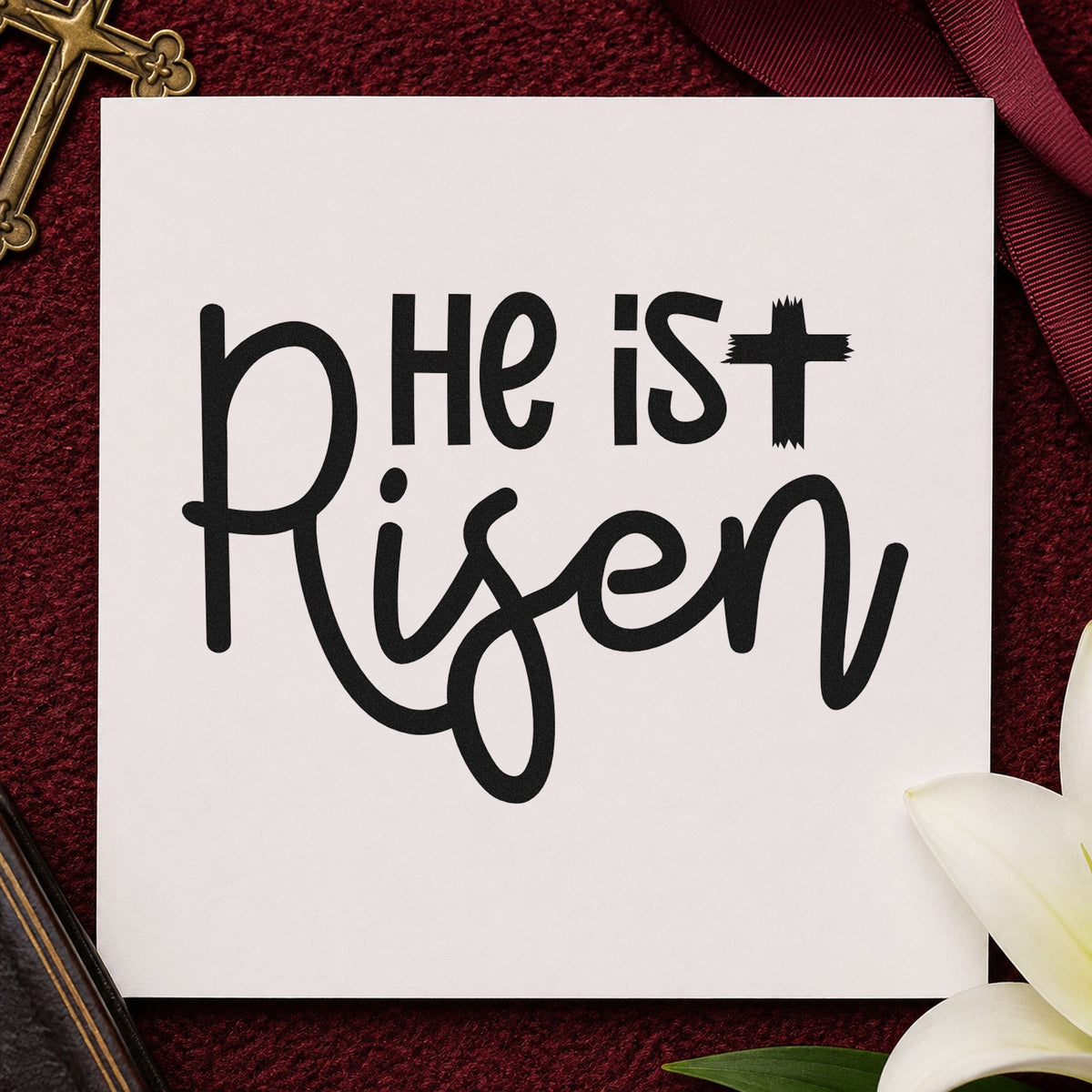 PSI Pre-Inked He Is Risen Script Lettering Stamp in use 9