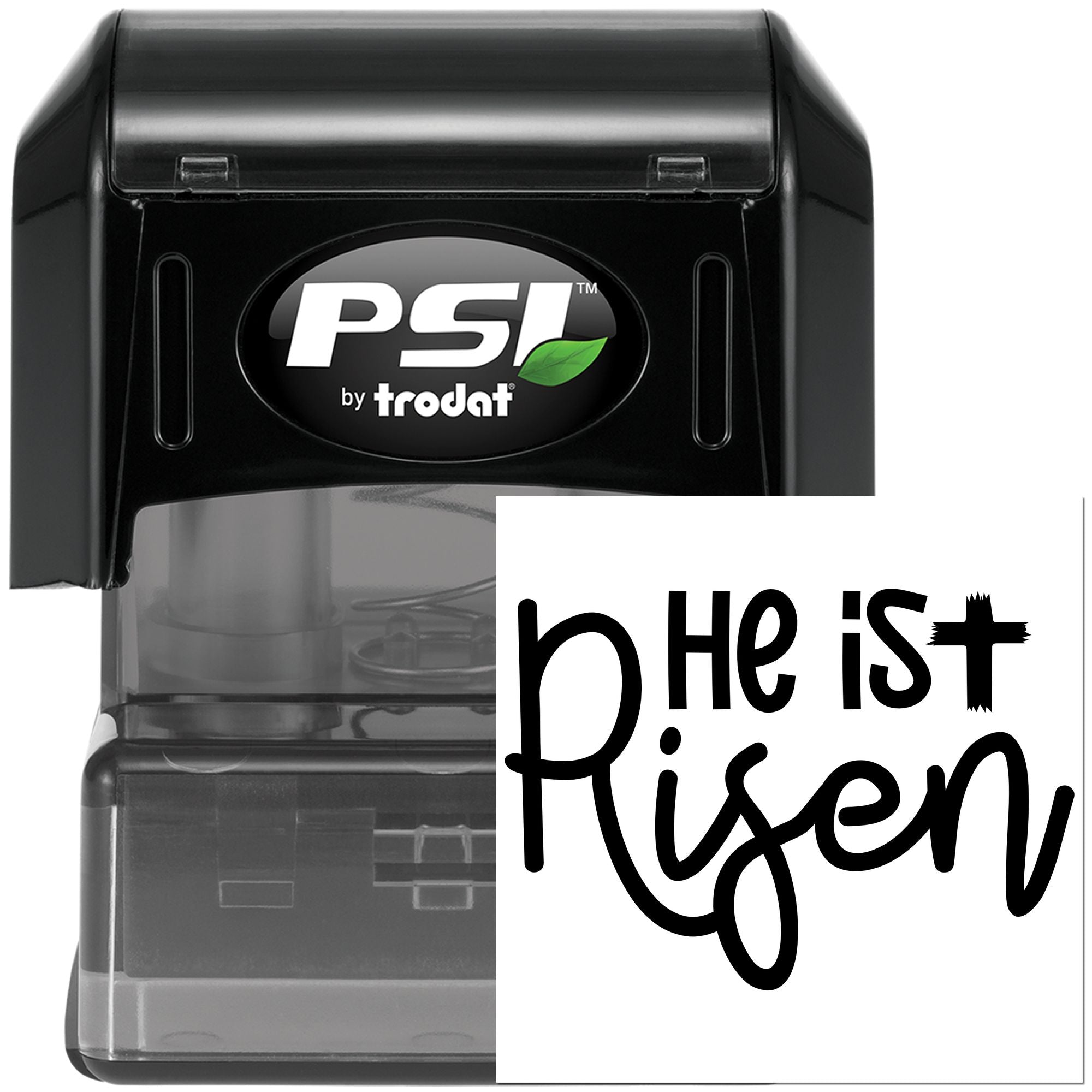 Self-inking PSI by Trodat rubber stamp with He is risen Easter message for cards, mailings, and church events