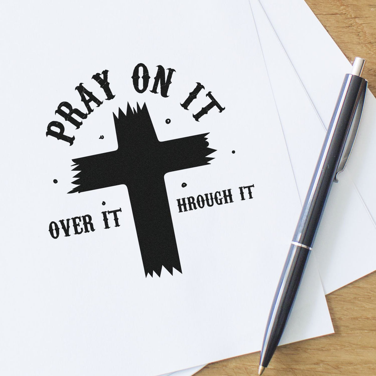 Christian rubber stamp design with cross and Pray on it, over it, through it for faith journaling and inspiration.