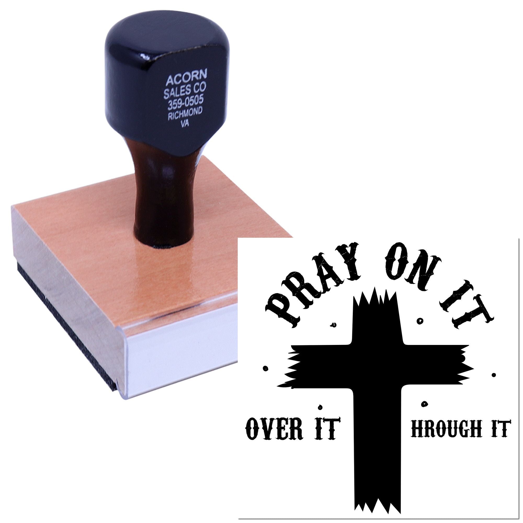 Custom rubber stamp with Pray on it, over it, through it Christian cross design for inspirational faith messaging.