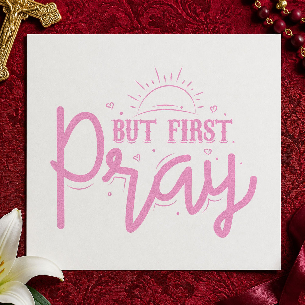 But First Pray Sunrise craft stamp in purple ink on cardstock, an easy option for coffee gift tags.