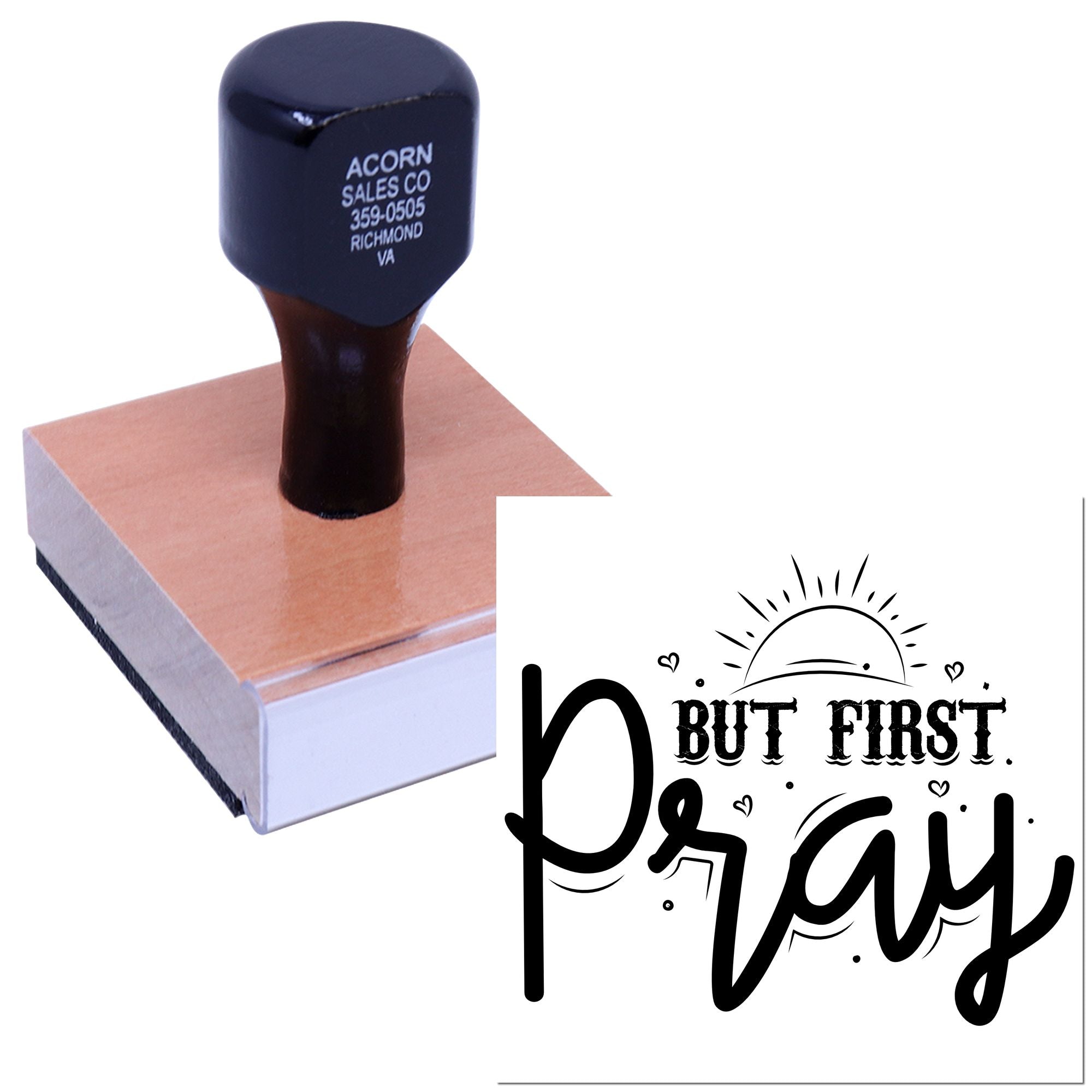 Custom rubber stamp featuring But First Pray design for faith-based crafts, planners, and handmade cards.