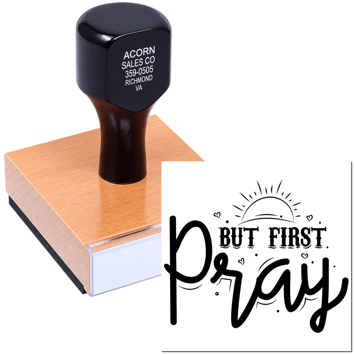 Custom rubber stamp featuring But First Pray design for faith-based crafts, planners, and handmade cards.
