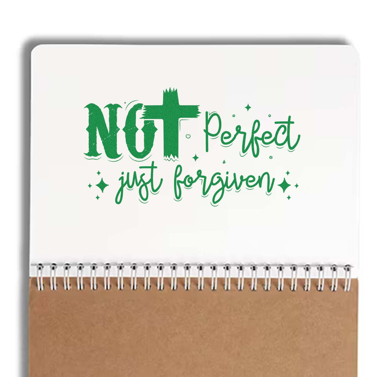 Christian rubber stamp design with Not Perfect, Just Forgiven inspirational quote in green script for faith-based crafting