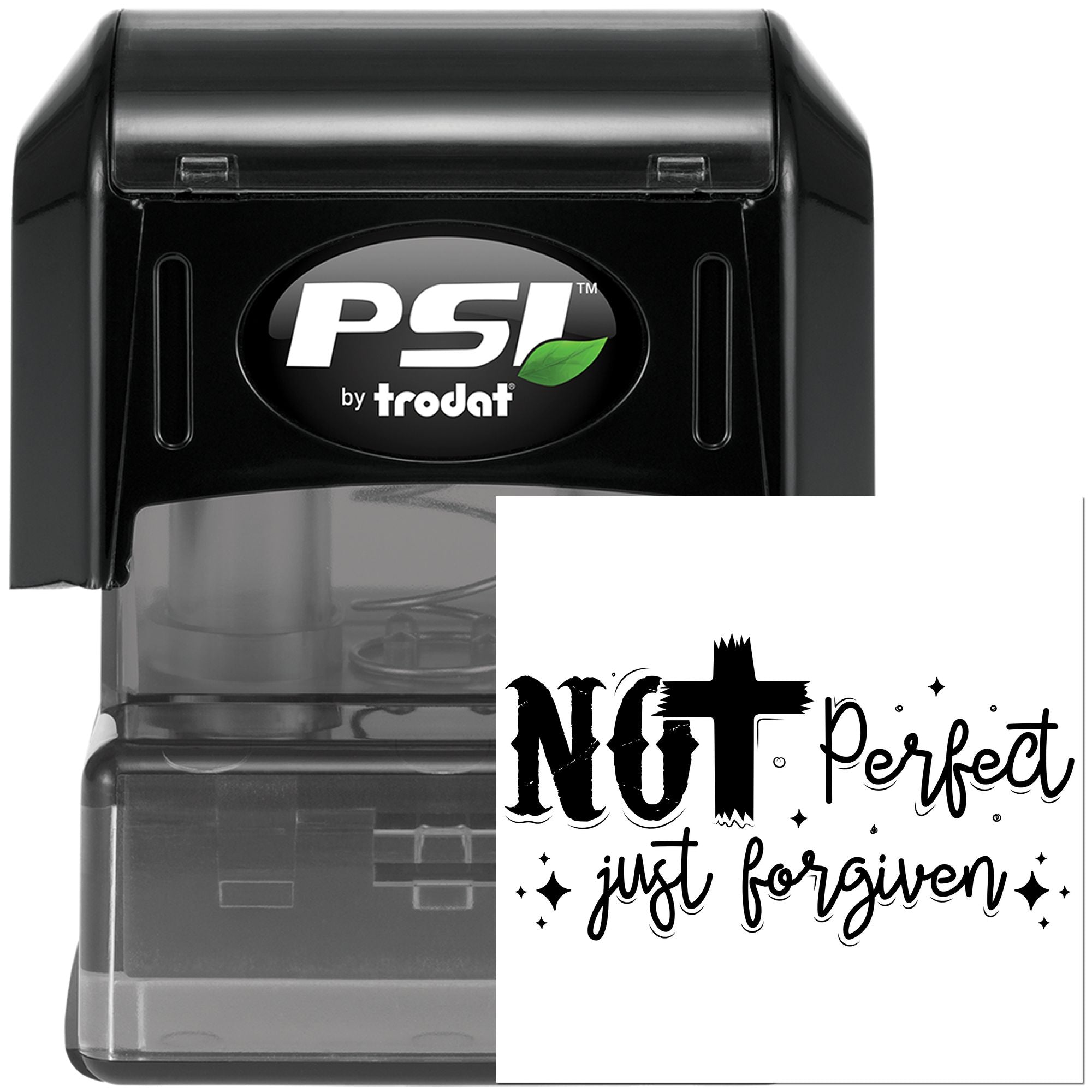 PSI by trodat self-inking rubber stamp with Not Perfect, Just Forgiven impression for faith-based crafting.