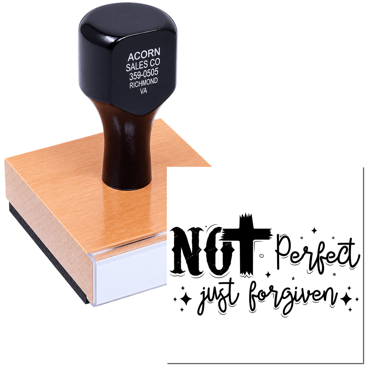 Christian rubber stamp with Not Perfect, Just Forgiven quote for faith-based crafts, journaling, and scrapbooking.