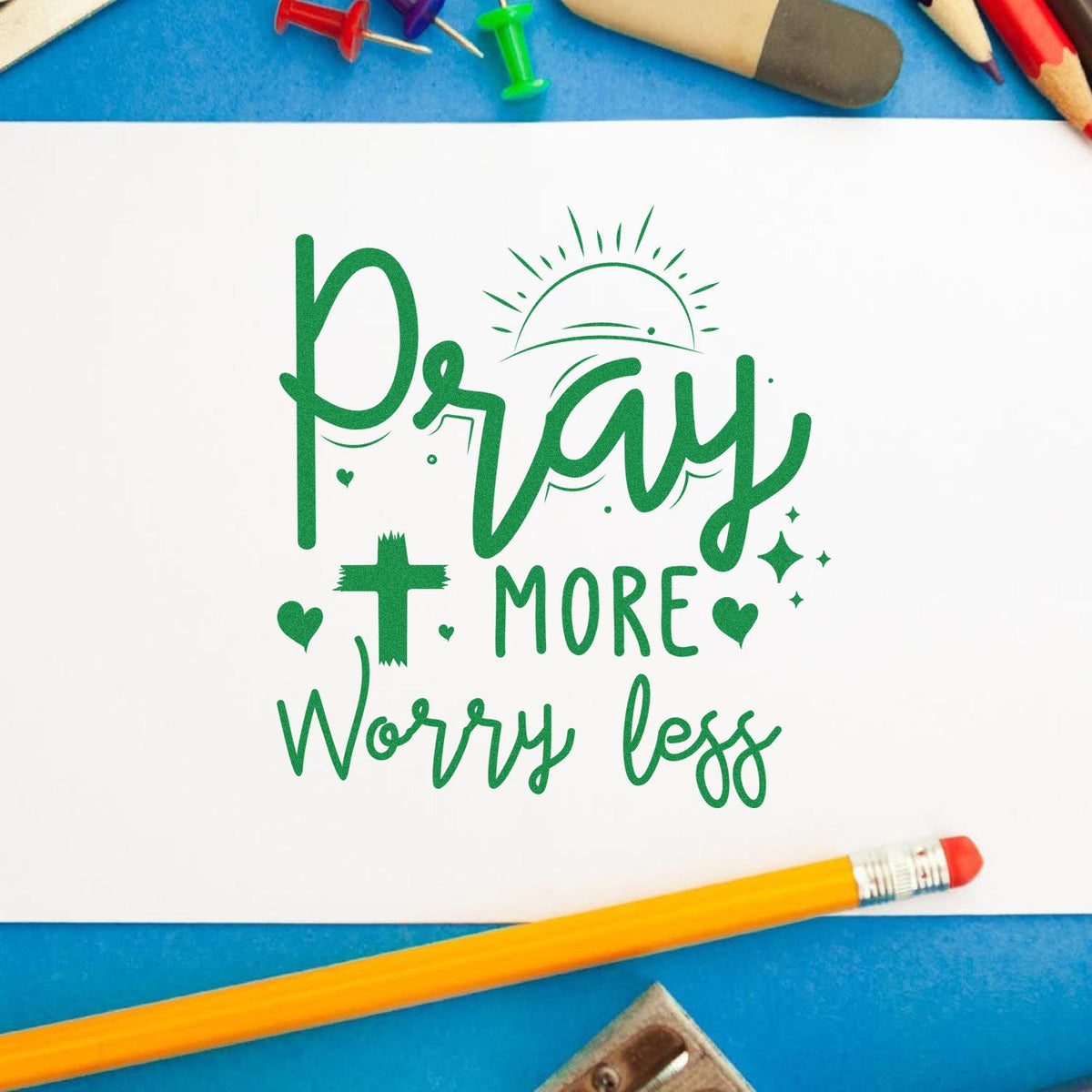 Green Christian rubber stamp quote, Pray More Worry Less, for faith-based card making and scrapbooking.