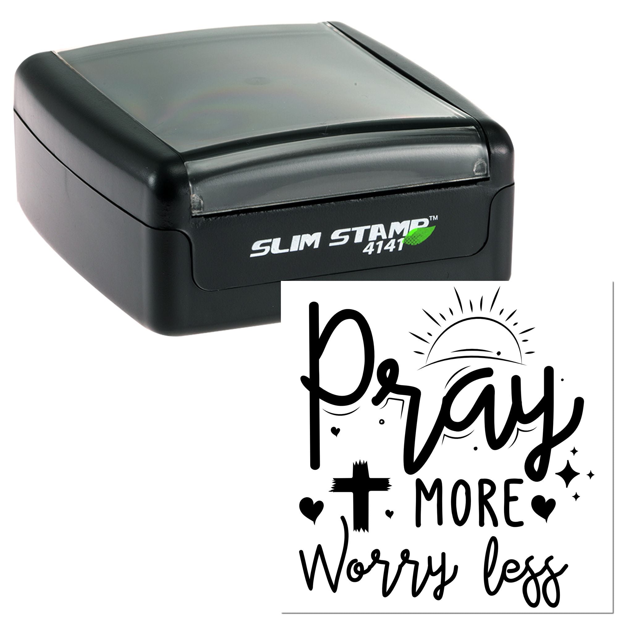 Self-inking rubber stamp with Pray More, Worry Less Christian motivational message and sunrise design.