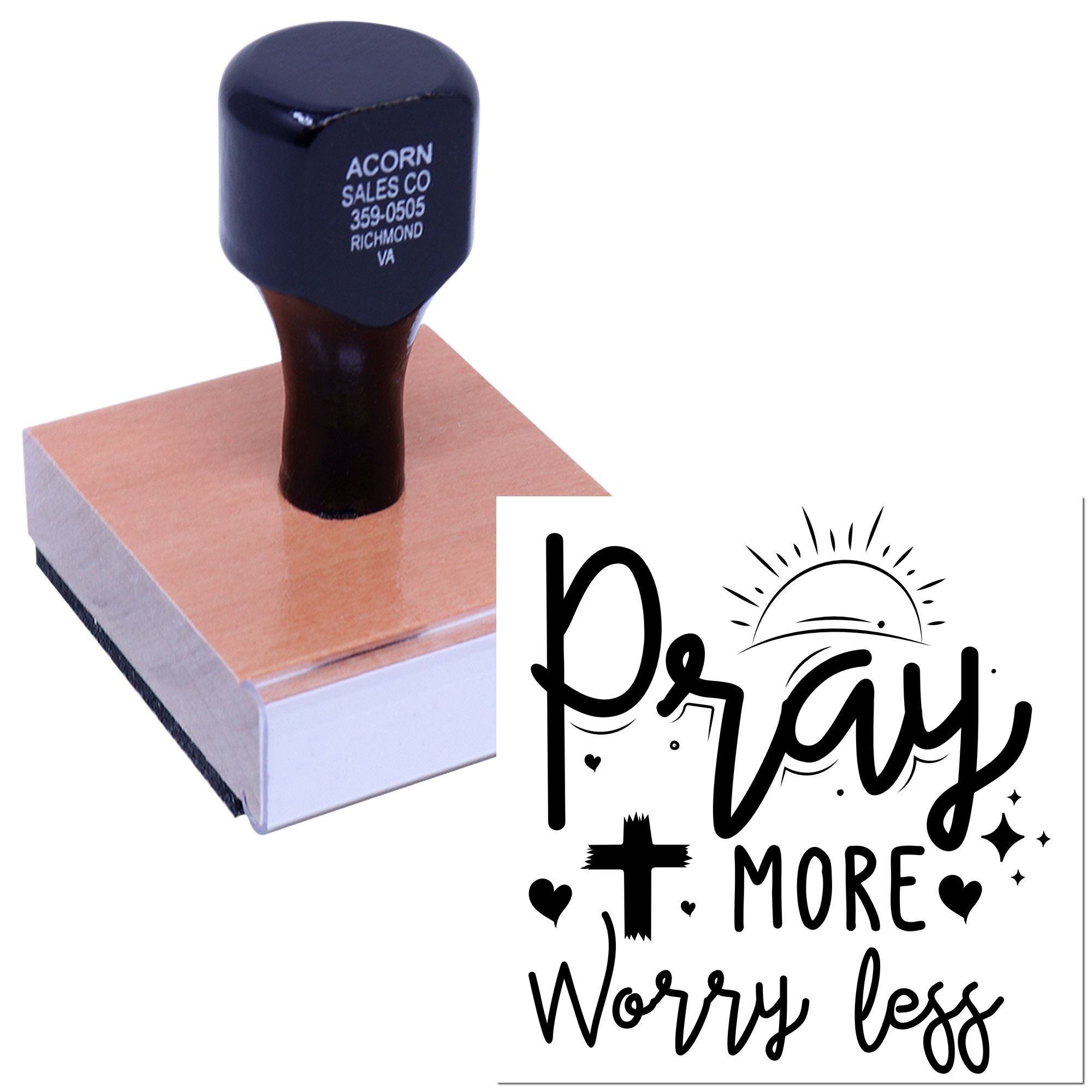 Custom rubber stamp with Pray More Worry Less design for faith-based crafts, cards, and inspirational projects.