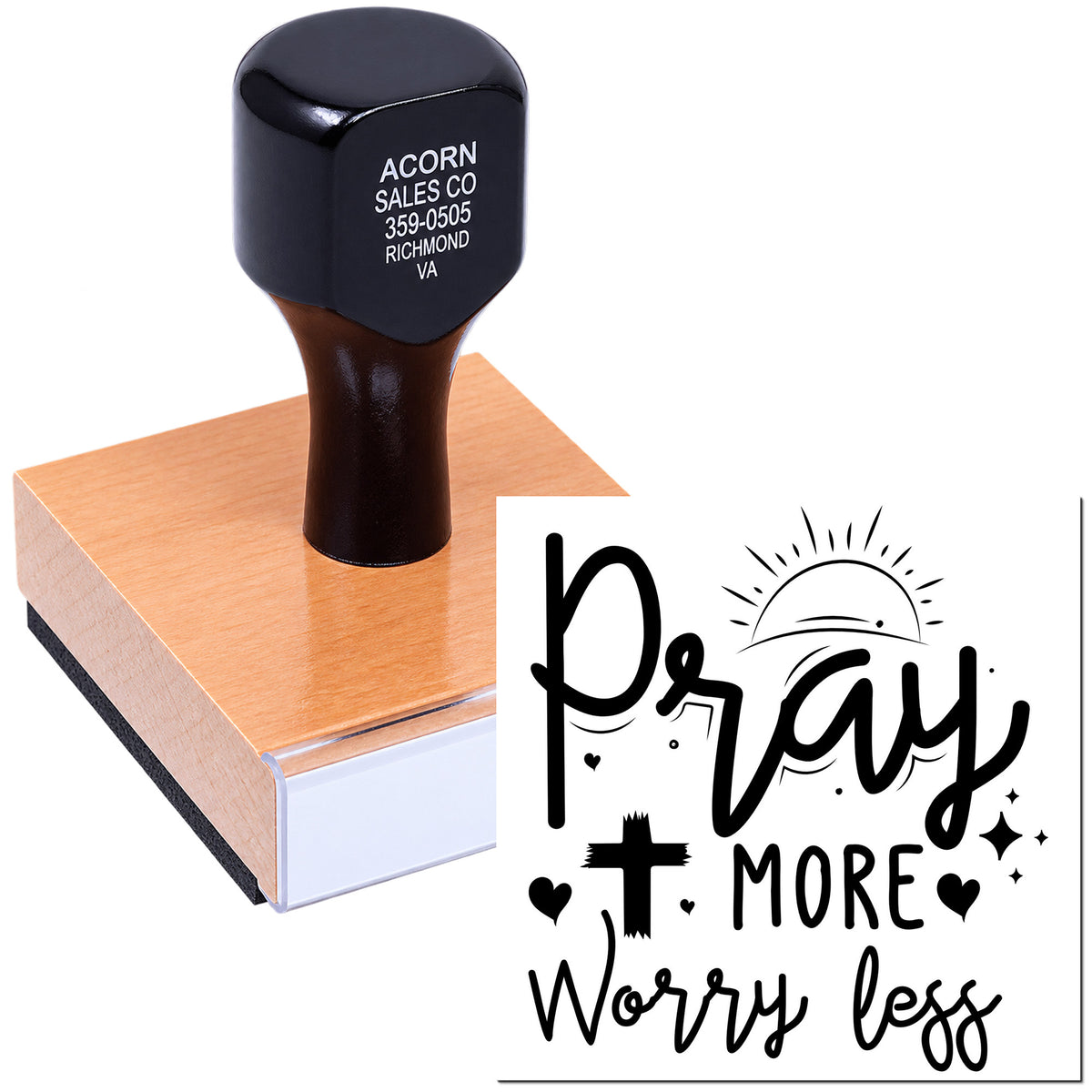 Custom rubber stamp with Pray More Worry Less design for faith-based crafts, cards, and inspirational projects.
