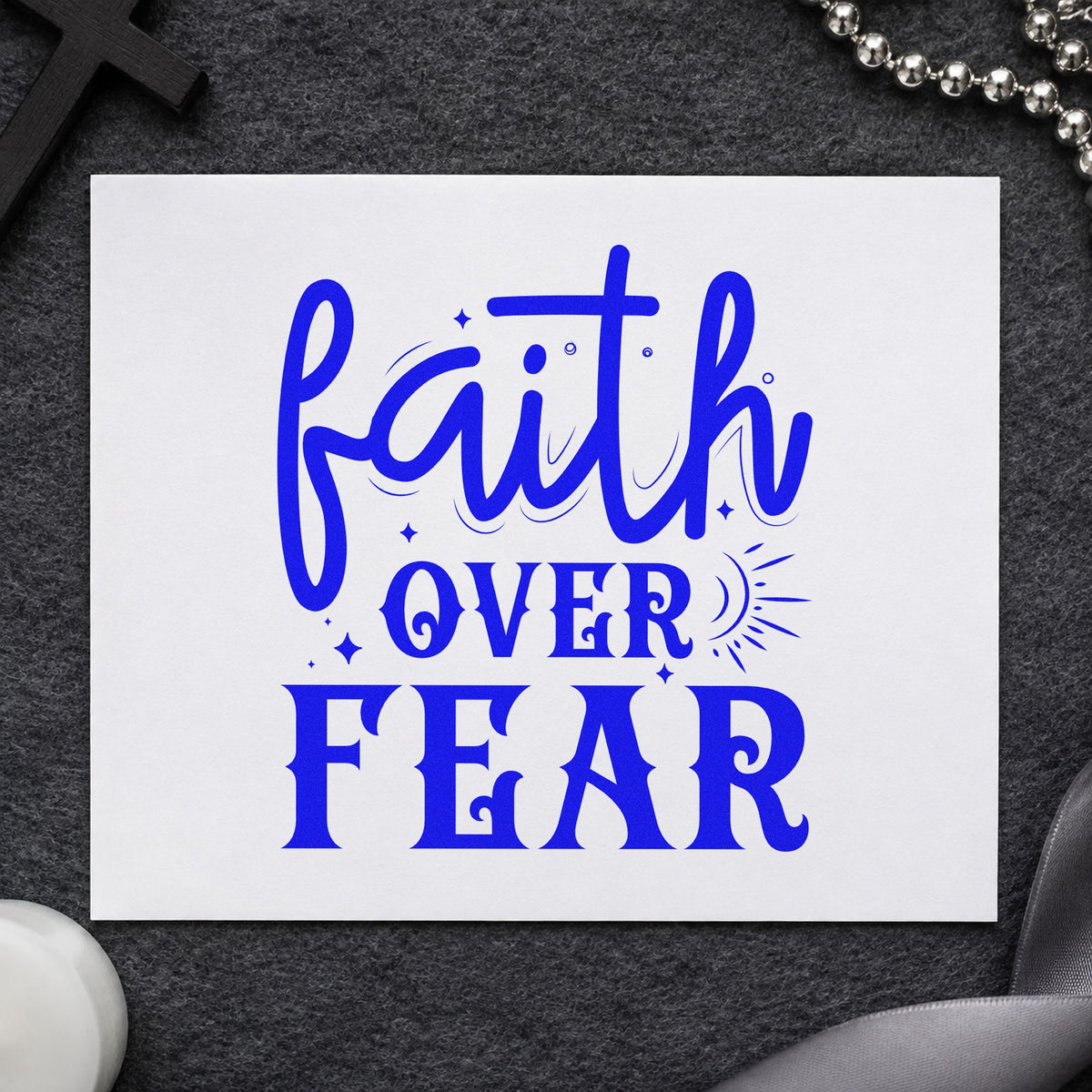 Faith over Fear Sunrise craft stamp in blue ink on cardstock, an easy option for tee transfers.