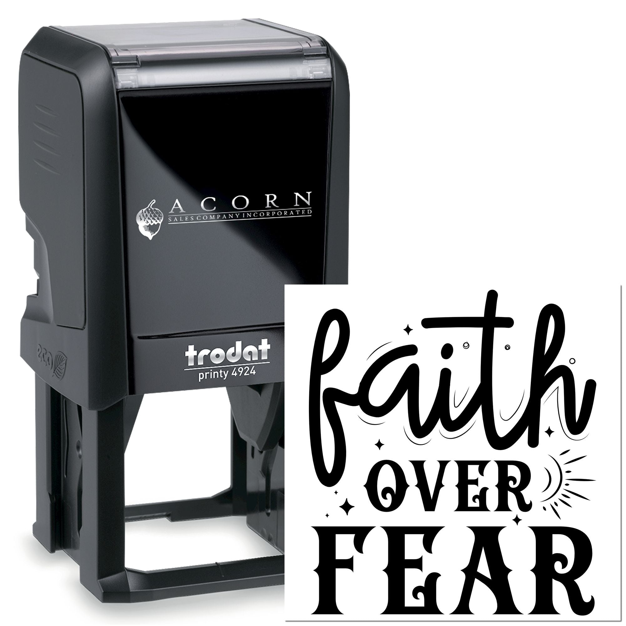 Custom self-inking Trodat rubber stamp with Faith Over Fear design for churches, planners, and inspirational branding.