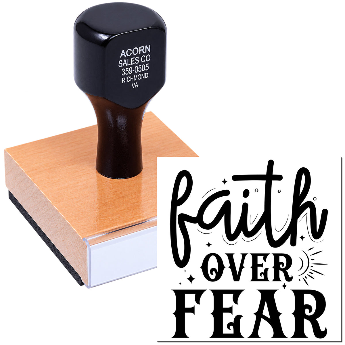Custom rubber stamp featuring Faith Over Fear design for inspirational crafts, card making, and faith-based branding.