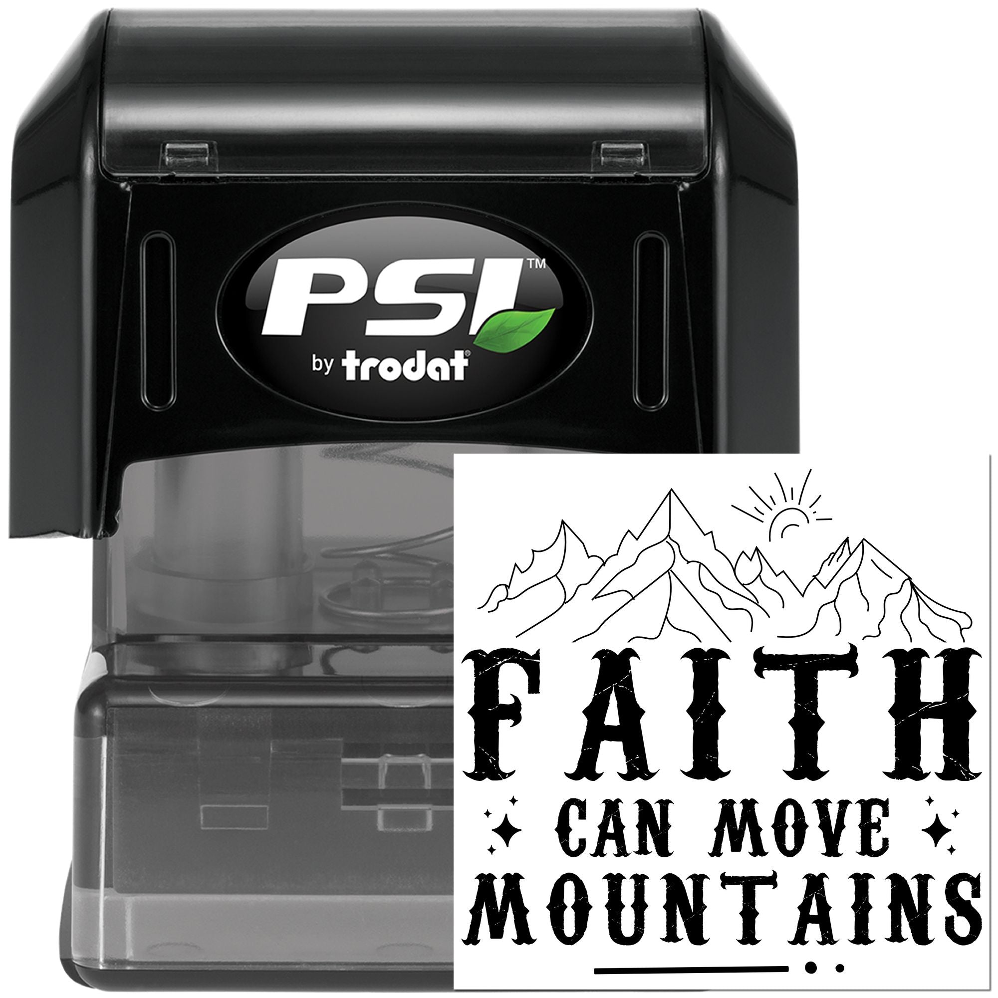 Self-inking rubber stamp with Faith Can Move Mountains design, mountain graphic, PSI by Trodat case for religious craft use.