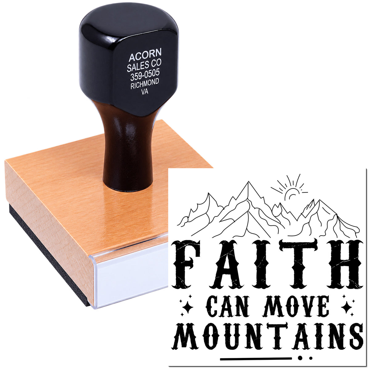 Custom rubber stamp with Faith Can Move Mountains design for religious crafts, Bible journaling, and inspirational projects.