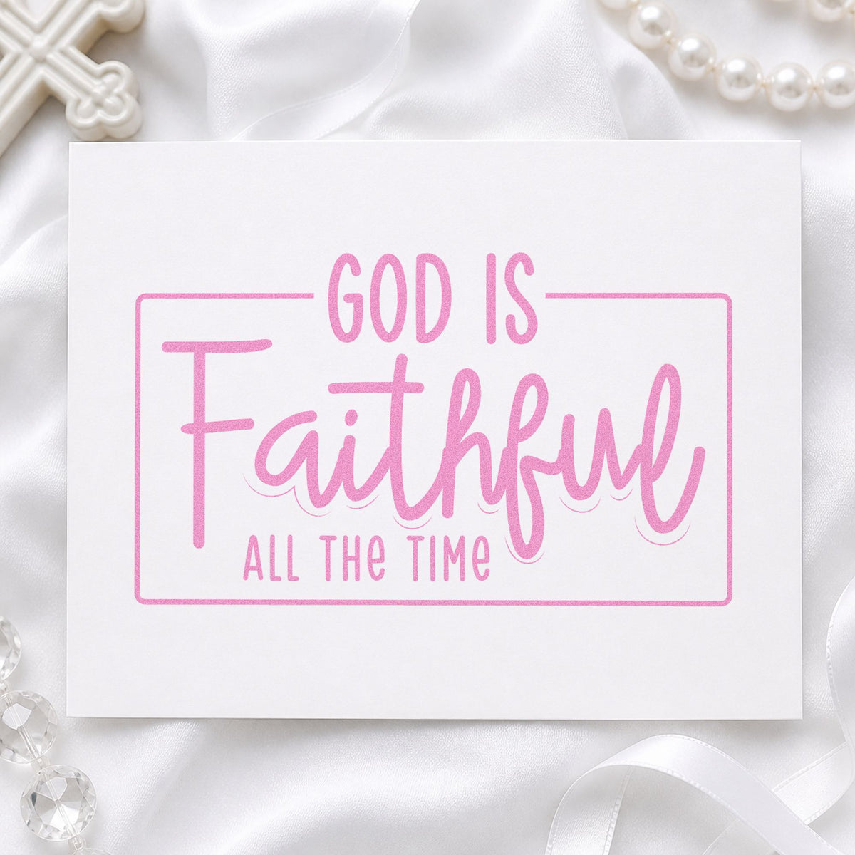 God Is Faithful craft stamp in purple ink on cardstock, an easy option for anniversary gifts.