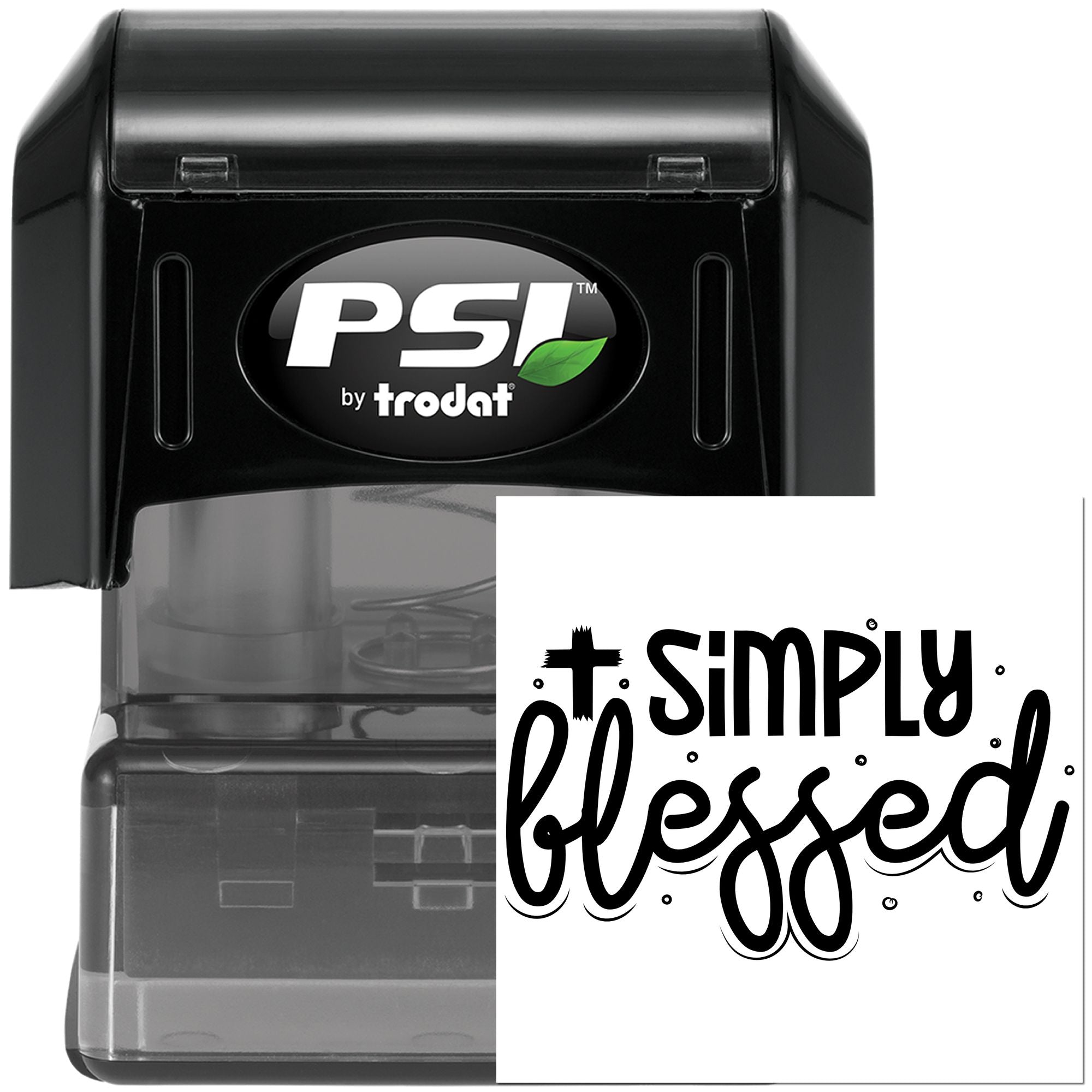 PSI by Trodat self-inking rubber stamp with Simply Blessed custom stamp design for personalized crafting.