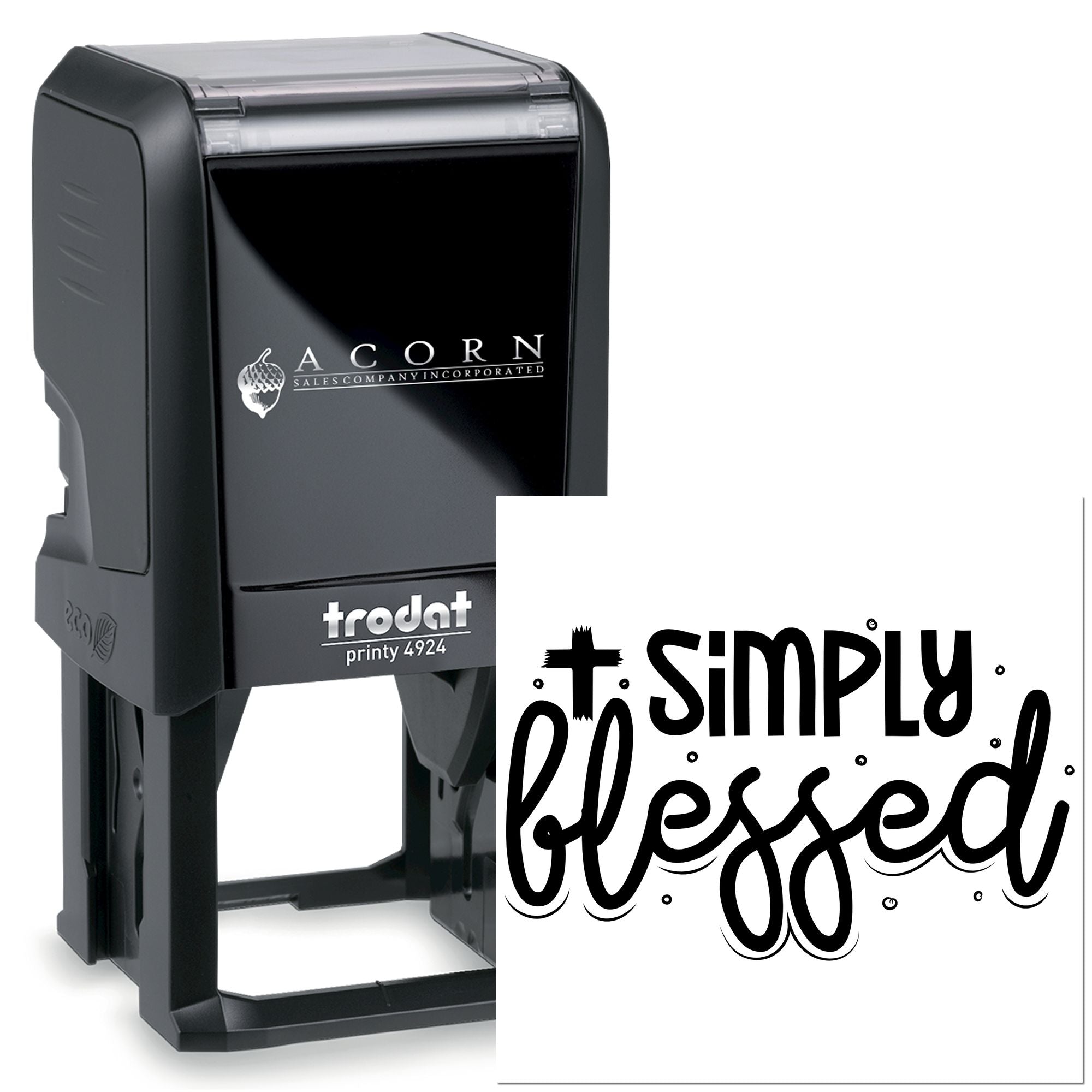 Custom self-inking rubber stamp with logo and Simply Blessed design, Trodat Printy 4924 for personalized business stamping.