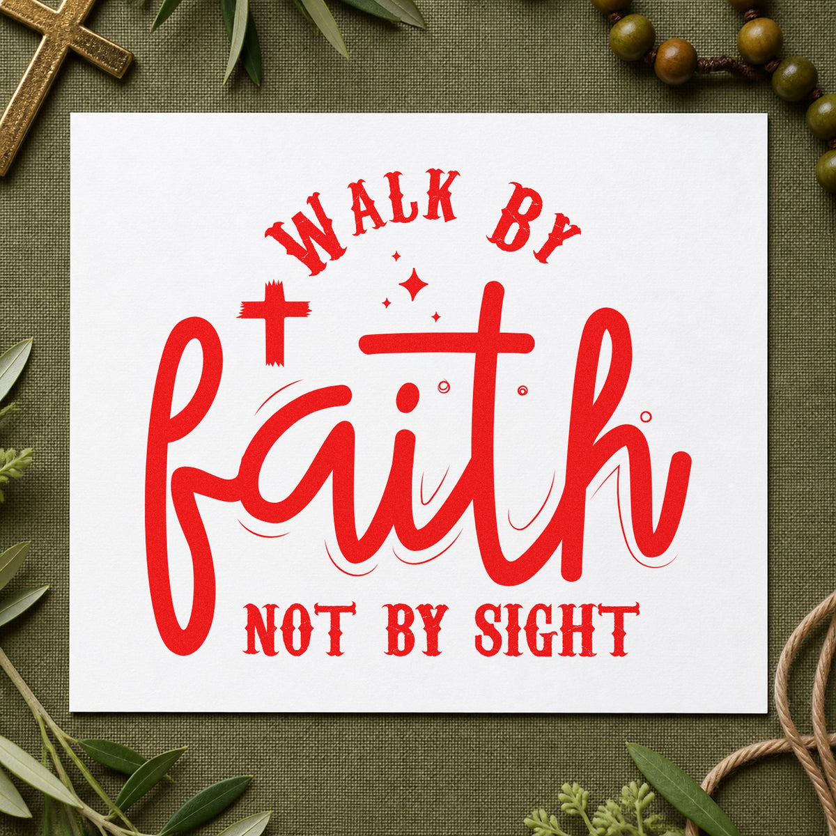 Walk by Faith Not Sight rubber stamp shown in red ink, stamped for projects such as deployment letters.