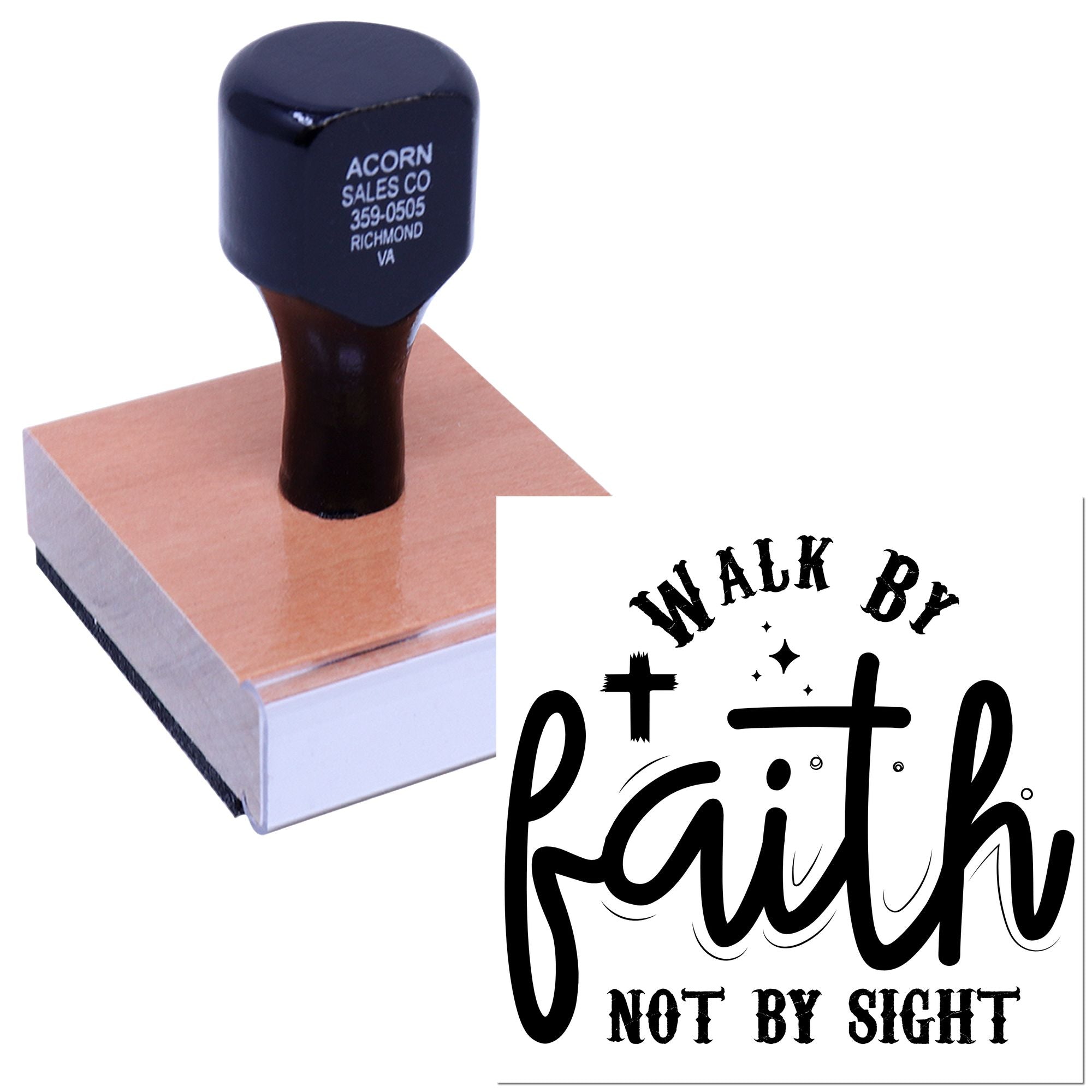 Christian rubber stamp with Walk by Faith Not by Sight design for faith-based crafts, cards, and branding.