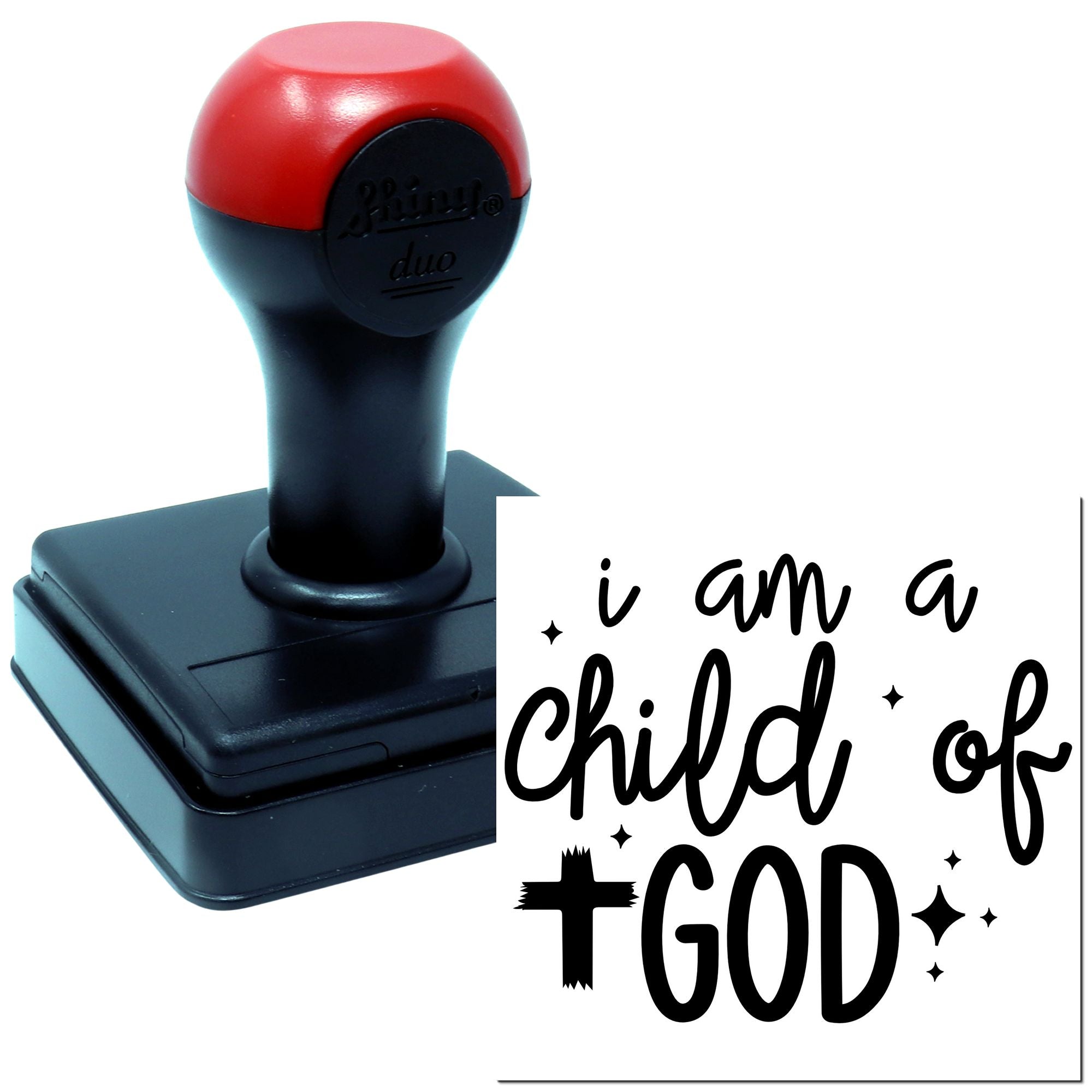 Custom self-inking rubber stamp with I am a child of God design for faith-based crafts and labels.
