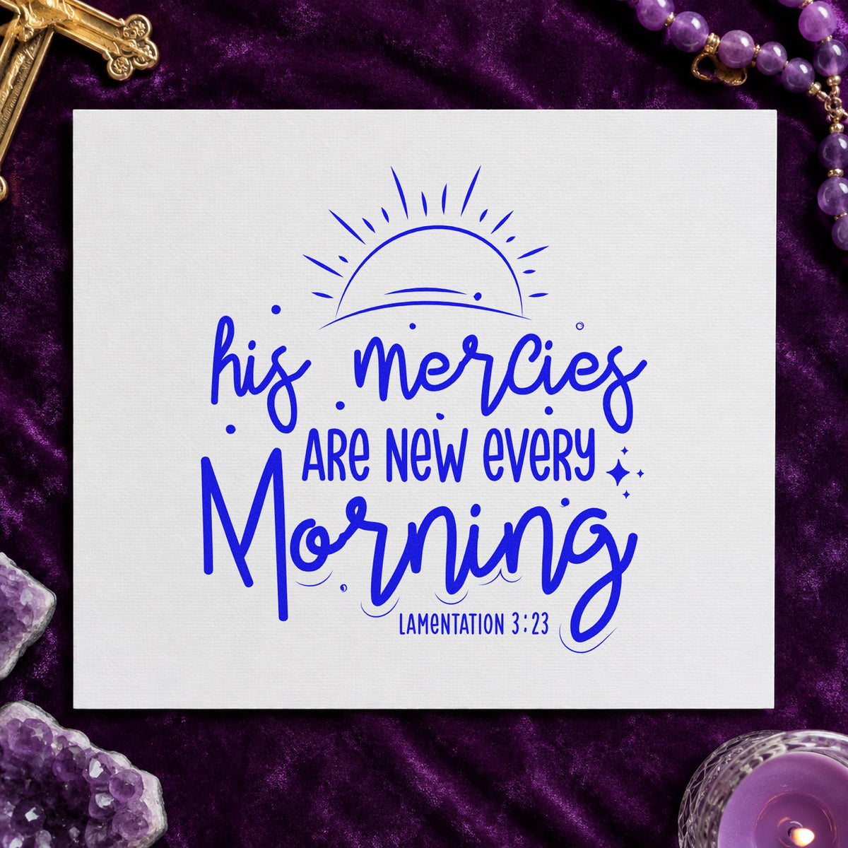 Mercies New Every Morning Sunrise craft stamp imprinted in blue ink on paper, a design suited to recovery milestones.