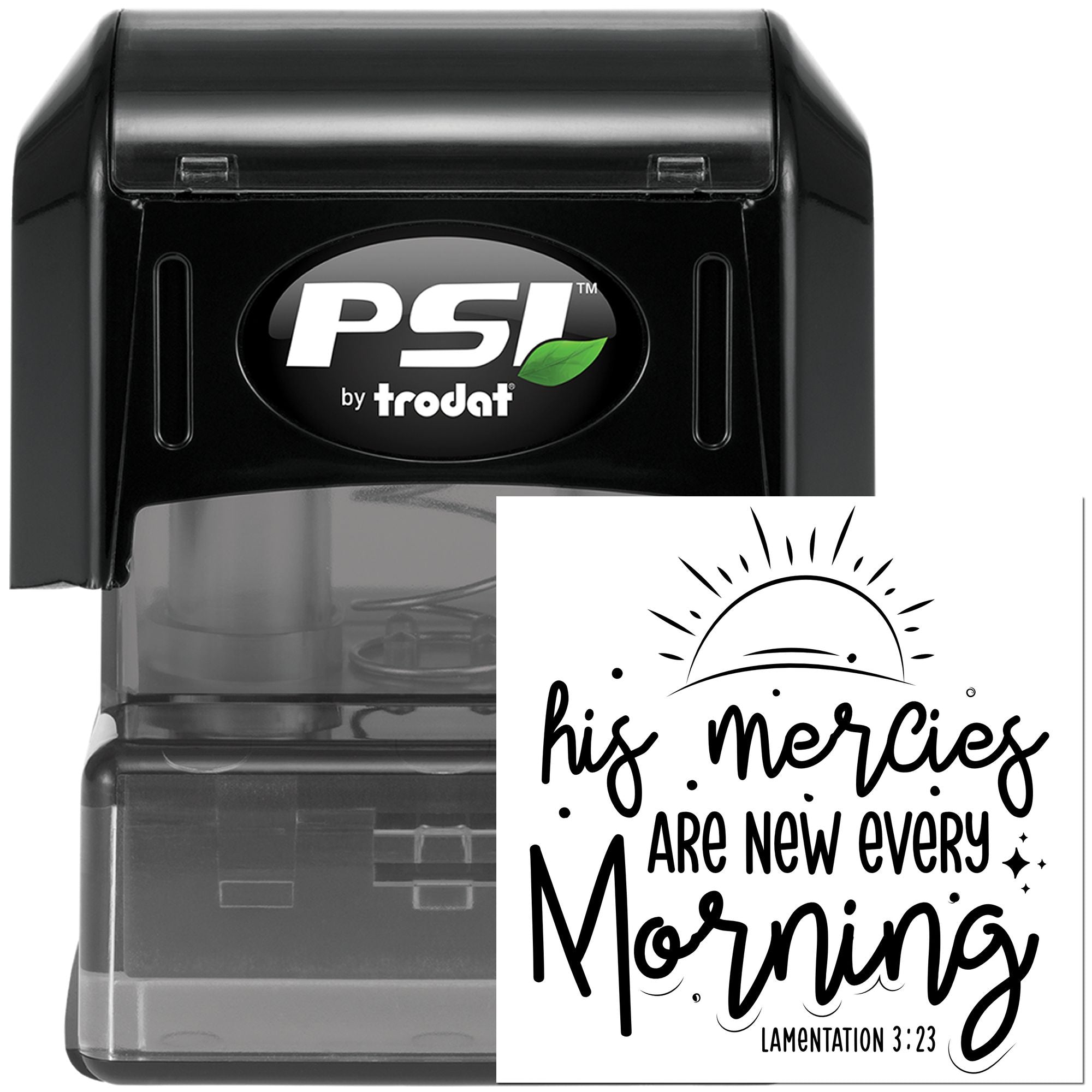 PSI by Trodat self-inking rubber stamp with His mercies are new every morning Bible verse design for Christian crafts.