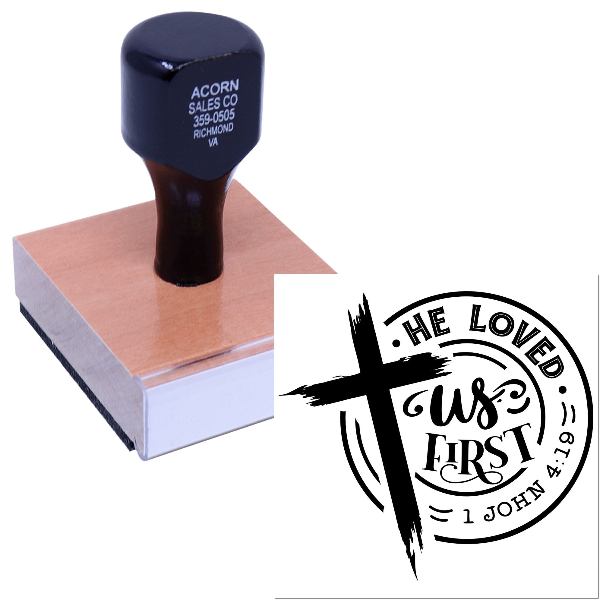 Custom self-inking Christian rubber stamp with He Loved Us First and 1 John 4:19 scripture design for church use.