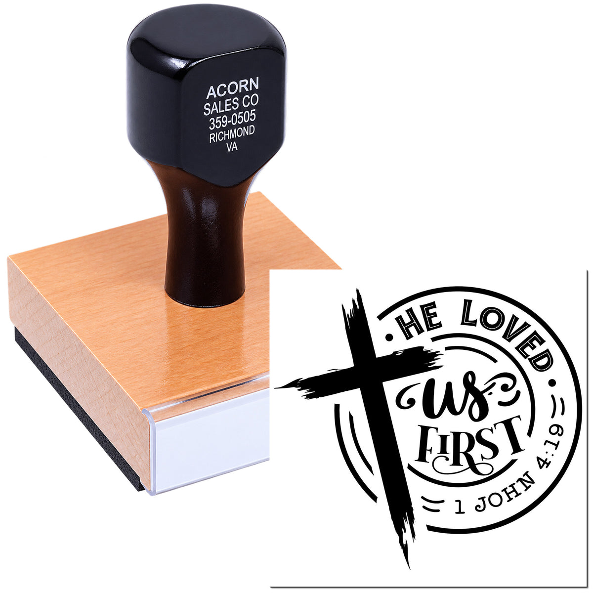 Custom self-inking Christian rubber stamp with He Loved Us First and 1 John 4:19 scripture design for church use.
